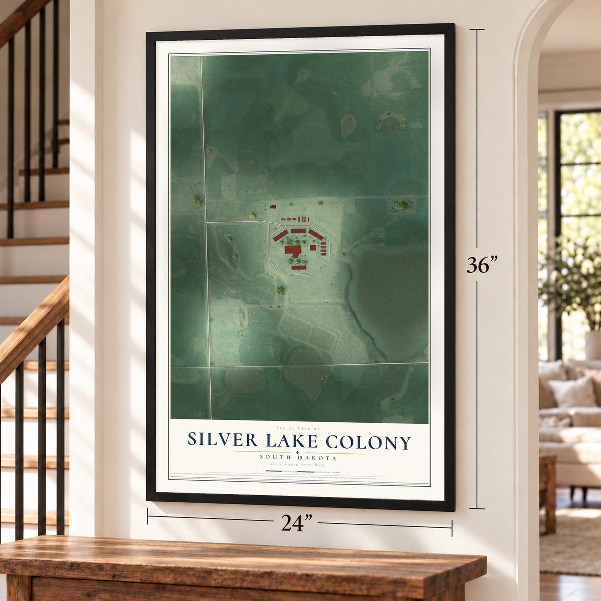Silver Lake Colony, South Dakota map, 24 x 36 inch print in a black frame by a staircase