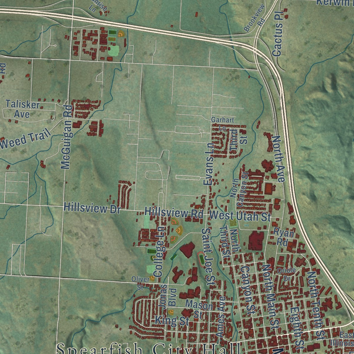 Close-up of the map of Spearfish, South Dakota print showing street and building detail
