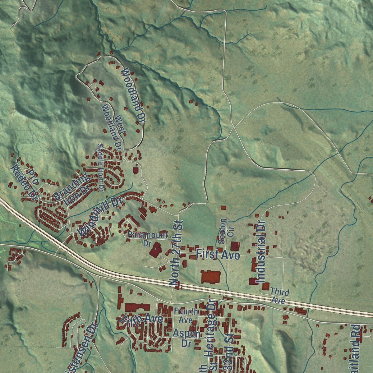 Second close-up of the map of Spearfish, South Dakota print showing more streets and buildings