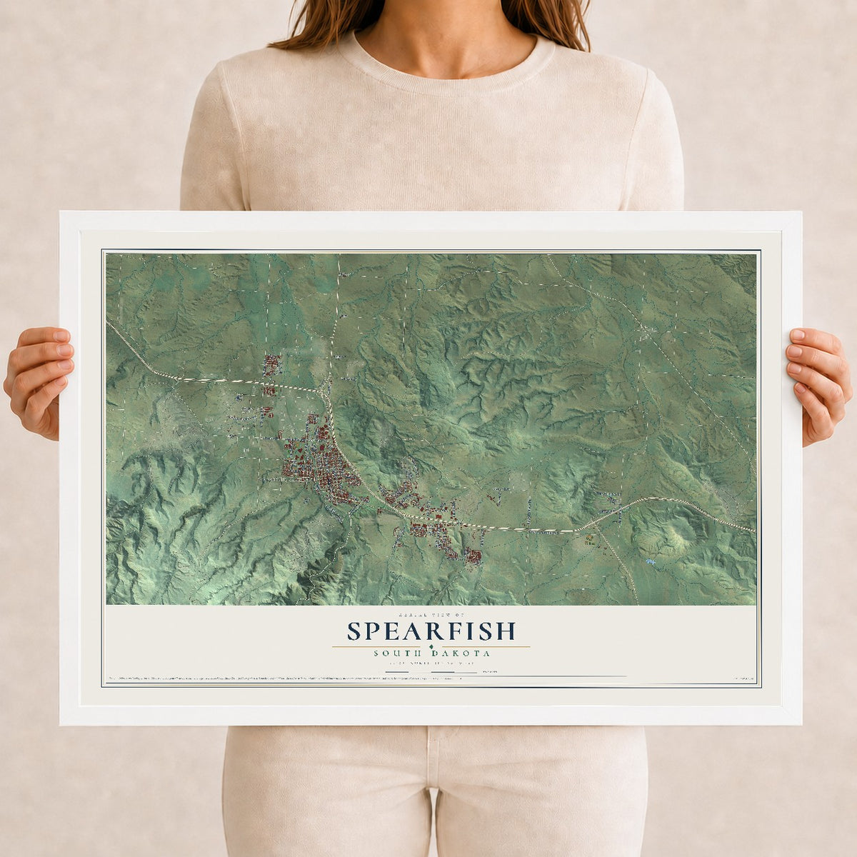 Map of Spearfish, South Dakota, 12 x 18 inch print in a white wood frame
