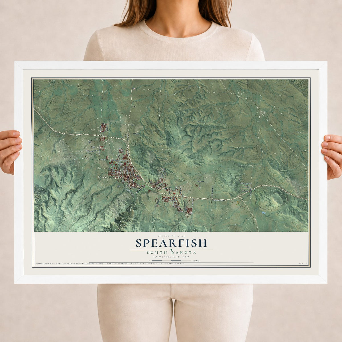 Map of Spearfish, South Dakota, 18 x 24 inch print in a white wood frame