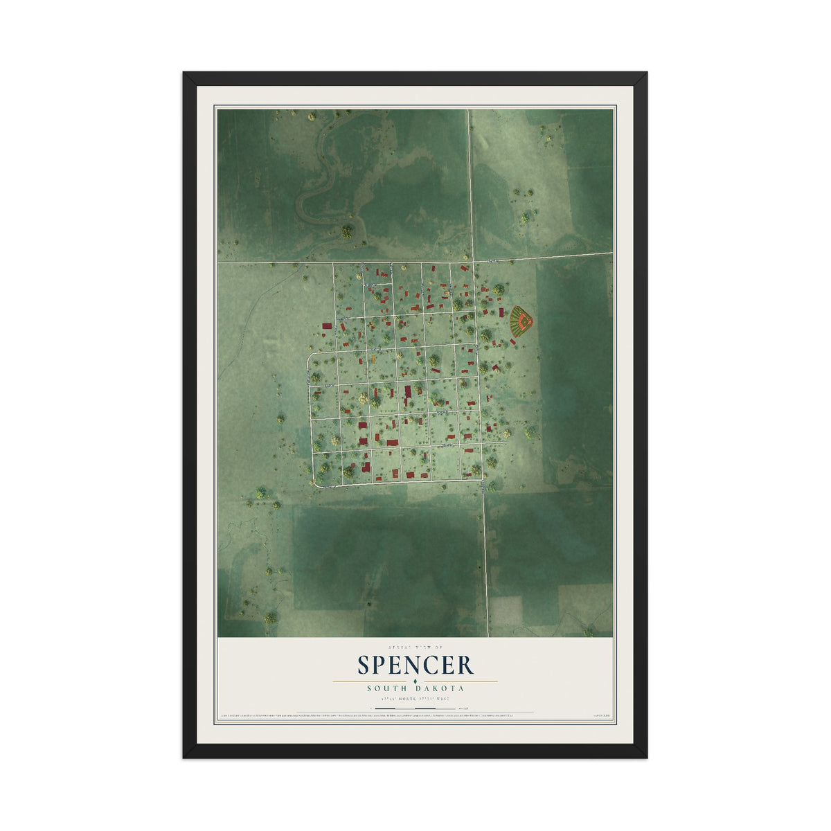 Map of Spencer, South Dakota, 12 x 18 inch print in a black wood frame
