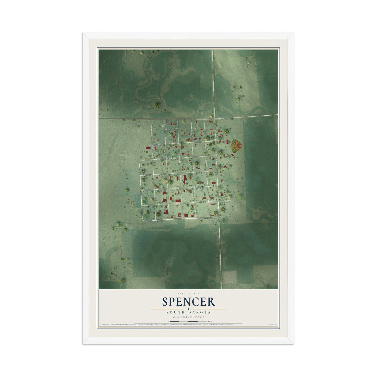 Map of Spencer, South Dakota, 12 x 18 inch print in a white wood frame