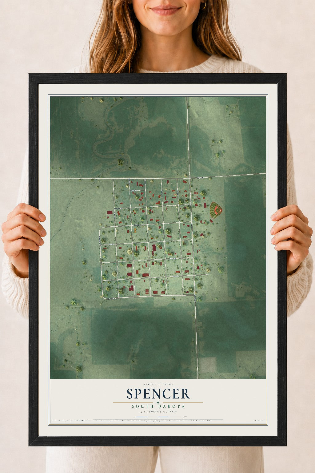 Map of Spencer, South Dakota, 18 x 24 inch print in a black wood frame