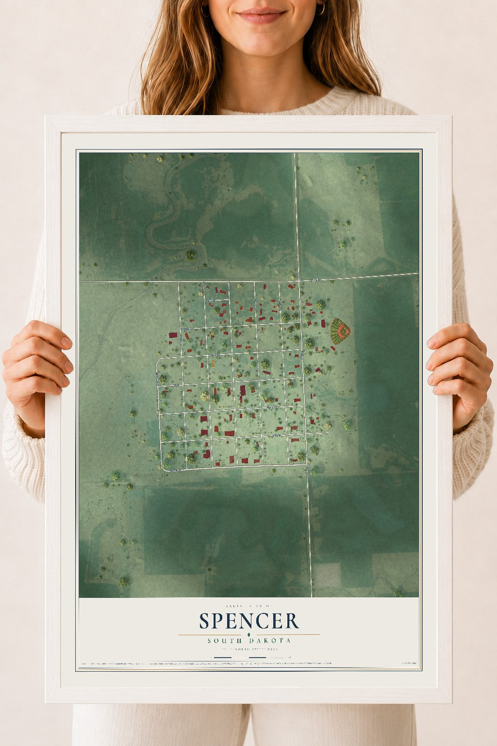 Map of Spencer, South Dakota, 18 x 24 inch print in a white wood frame
