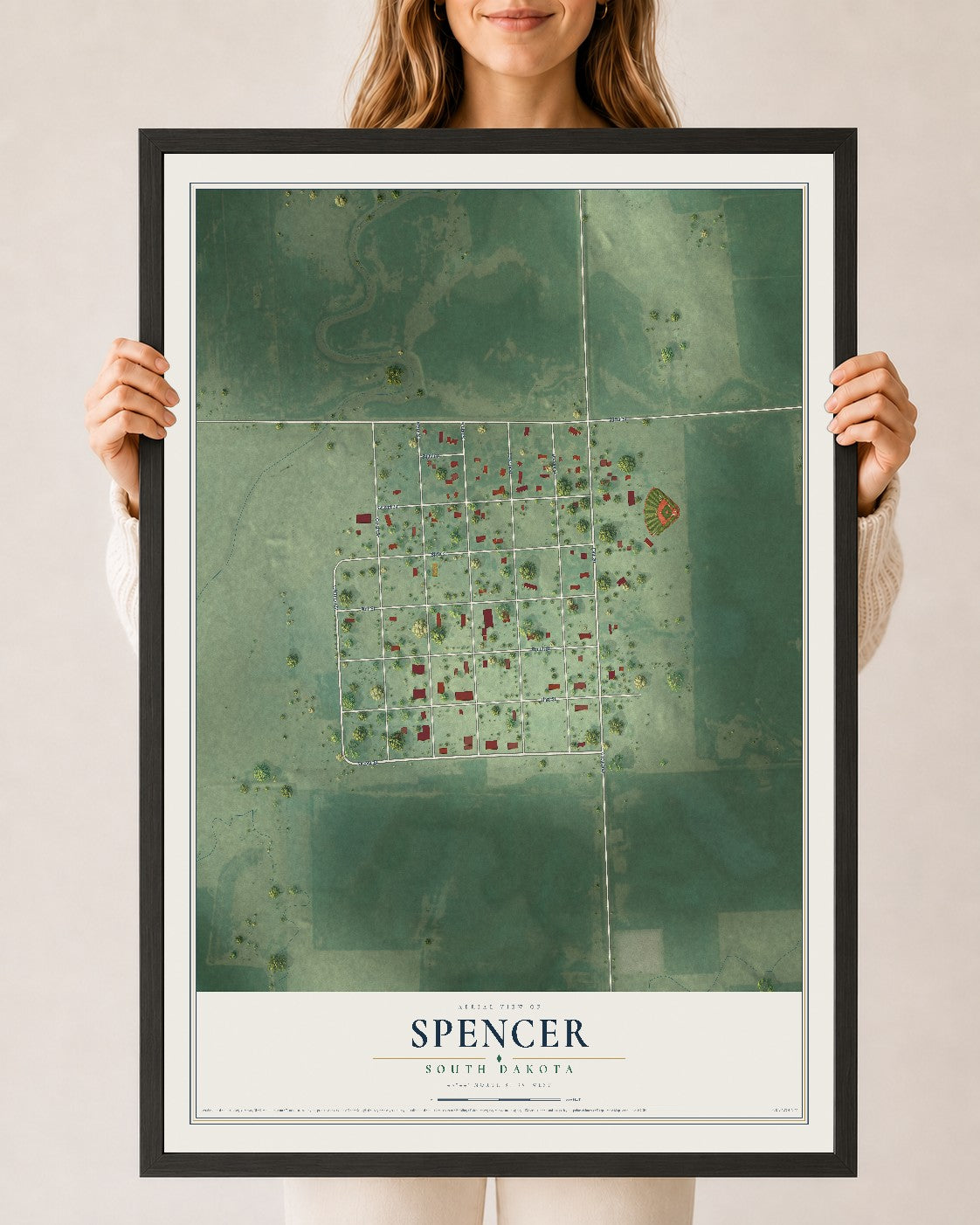 Map of Spencer, South Dakota, 24 x 36 inch print in a black wood frame
