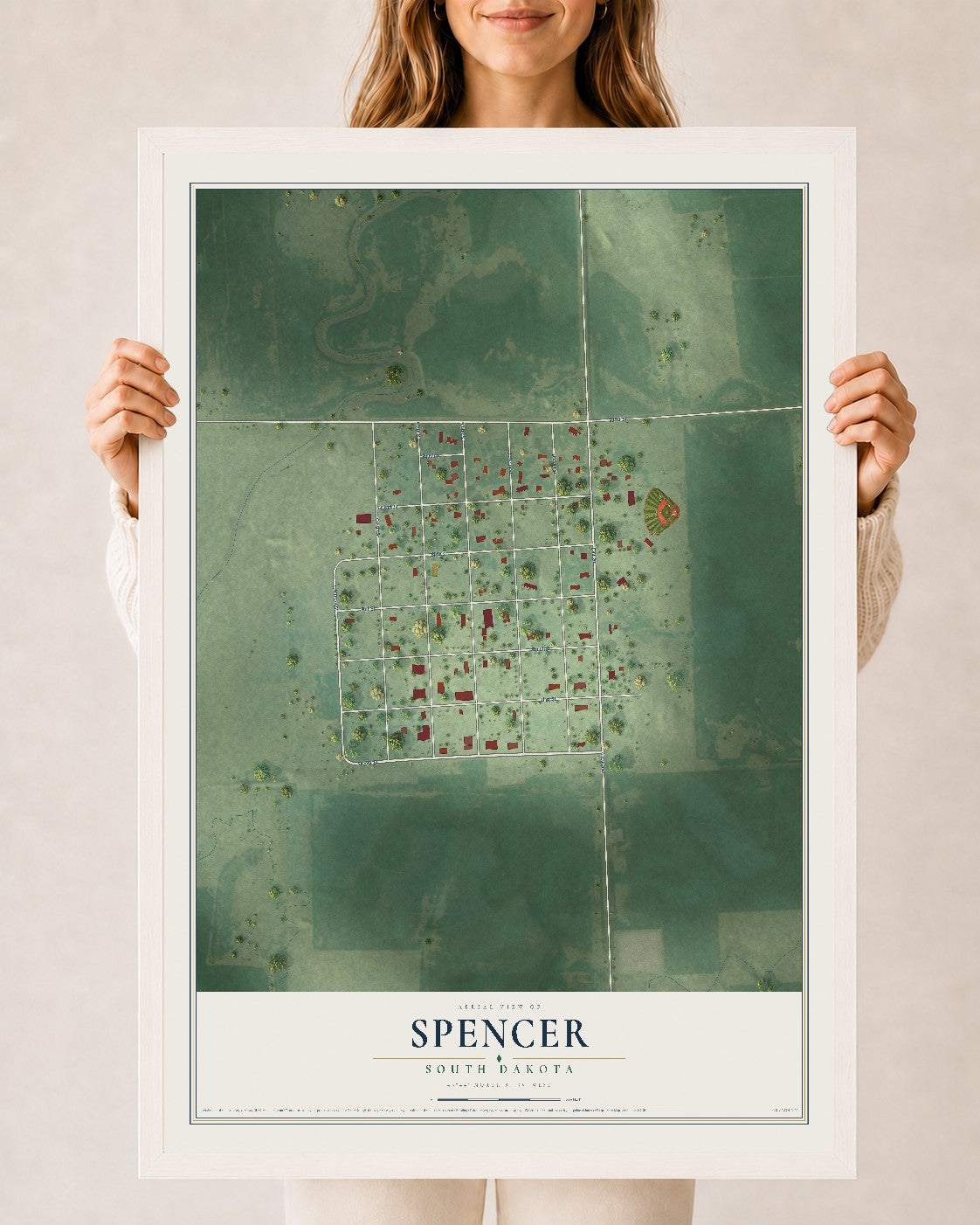Map of Spencer, South Dakota, 24 x 36 inch print in a white wood frame