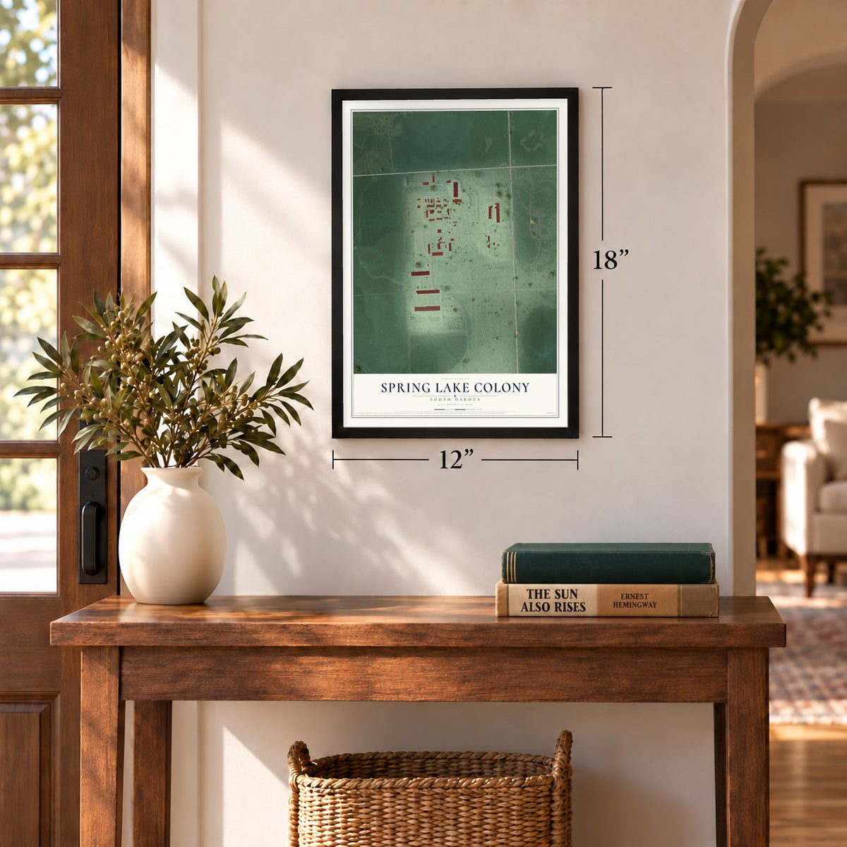 Spring Lake Colony, South Dakota map, 12 x 18 inch print in a black frame in an entryway
