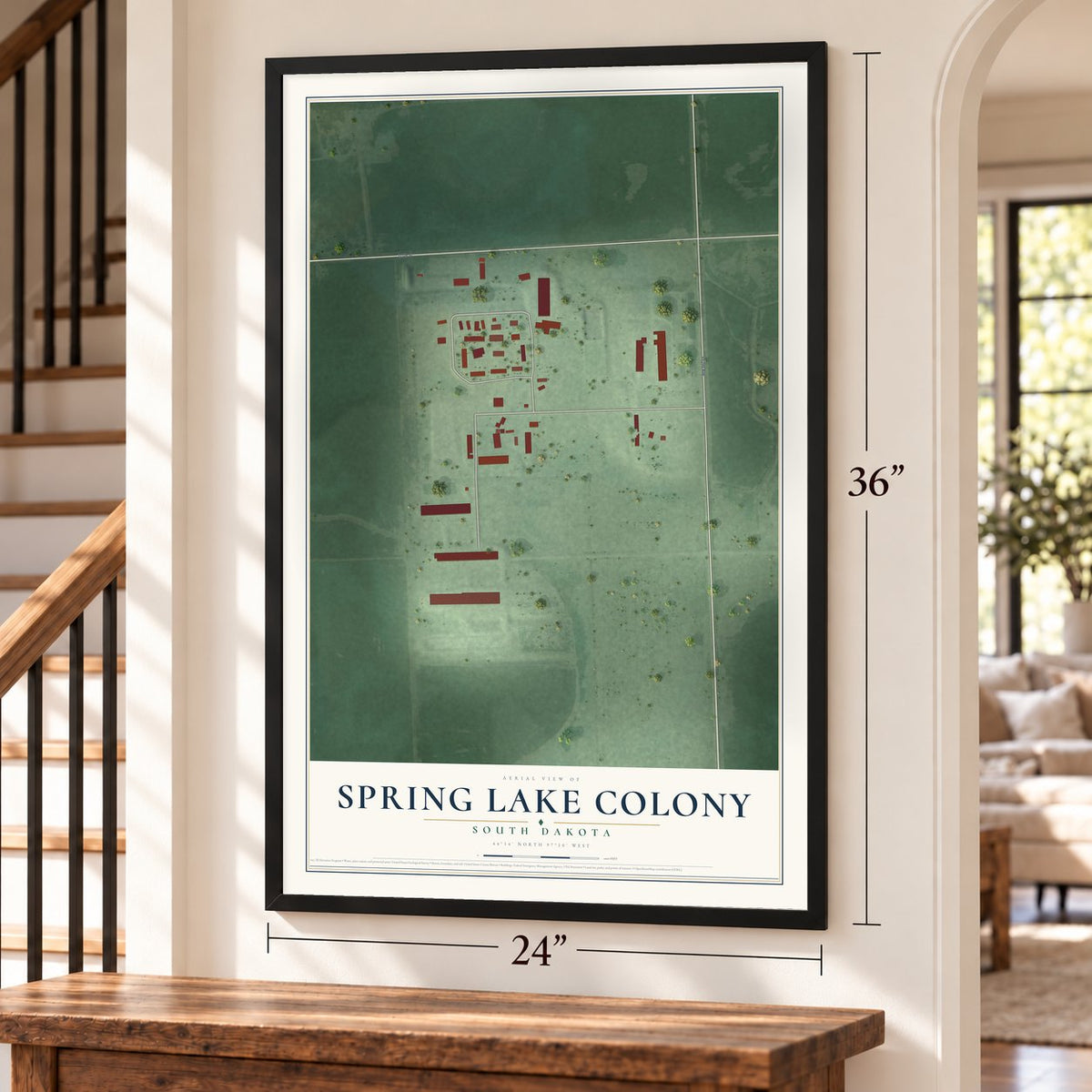 Spring Lake Colony, South Dakota map, 24 x 36 inch print in a black frame by a staircase