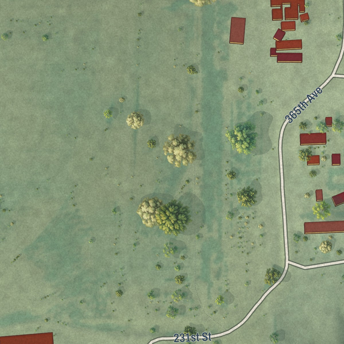Close-up of the map of Spring Valley Colony, South Dakota print showing street and building detail
