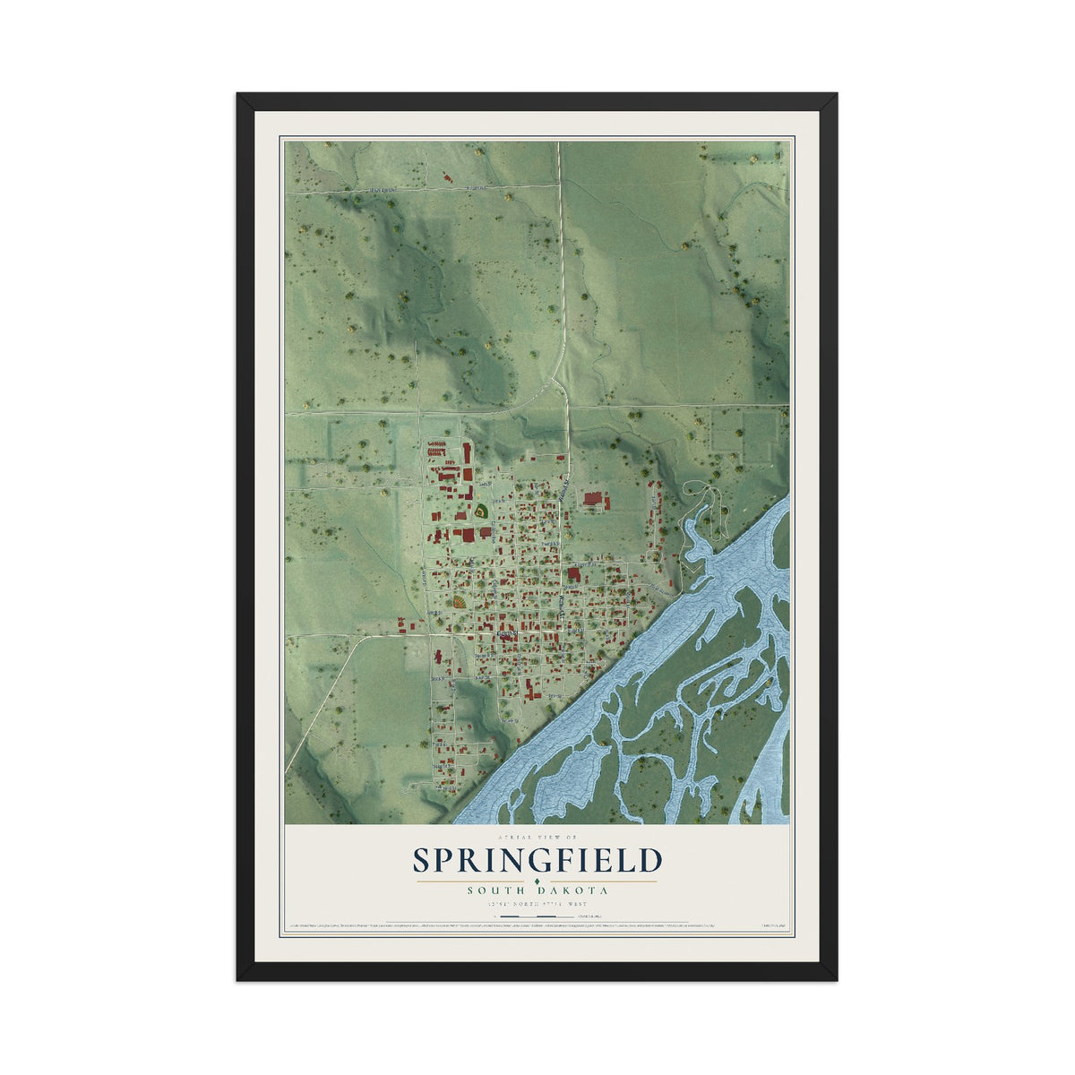 Map of Springfield, South Dakota, 12 x 18 inch print in a black wood frame
