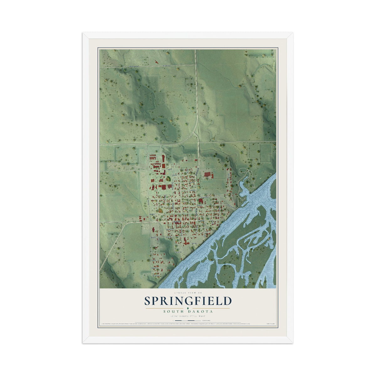 Map of Springfield, South Dakota, 12 x 18 inch print in a white wood frame