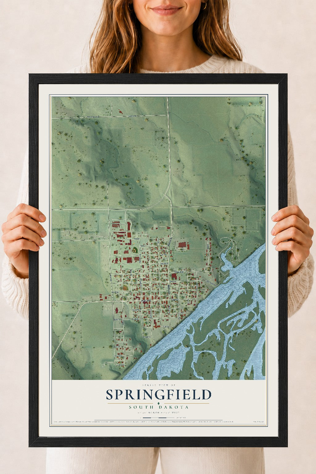 Map of Springfield, South Dakota, 18 x 24 inch print in a black wood frame