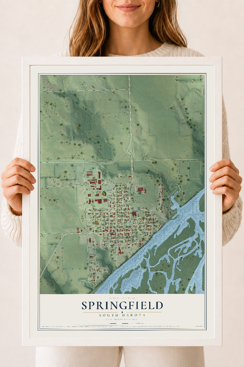 Map of Springfield, South Dakota, 18 x 24 inch print in a white wood frame