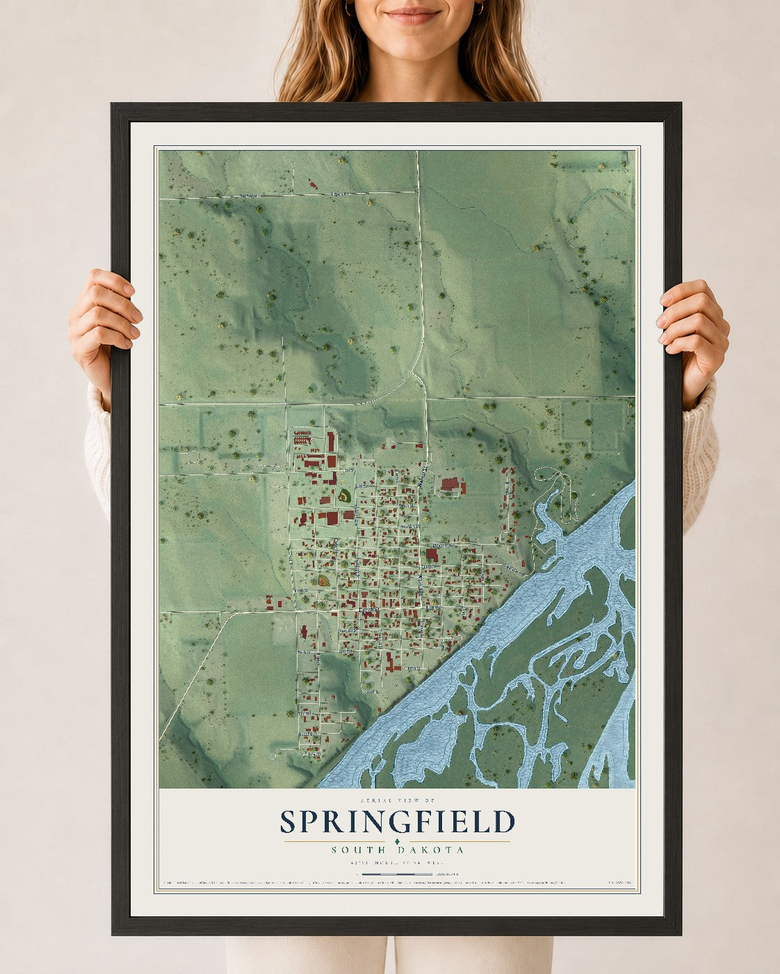 Map of Springfield, South Dakota, 24 x 36 inch print in a black wood frame