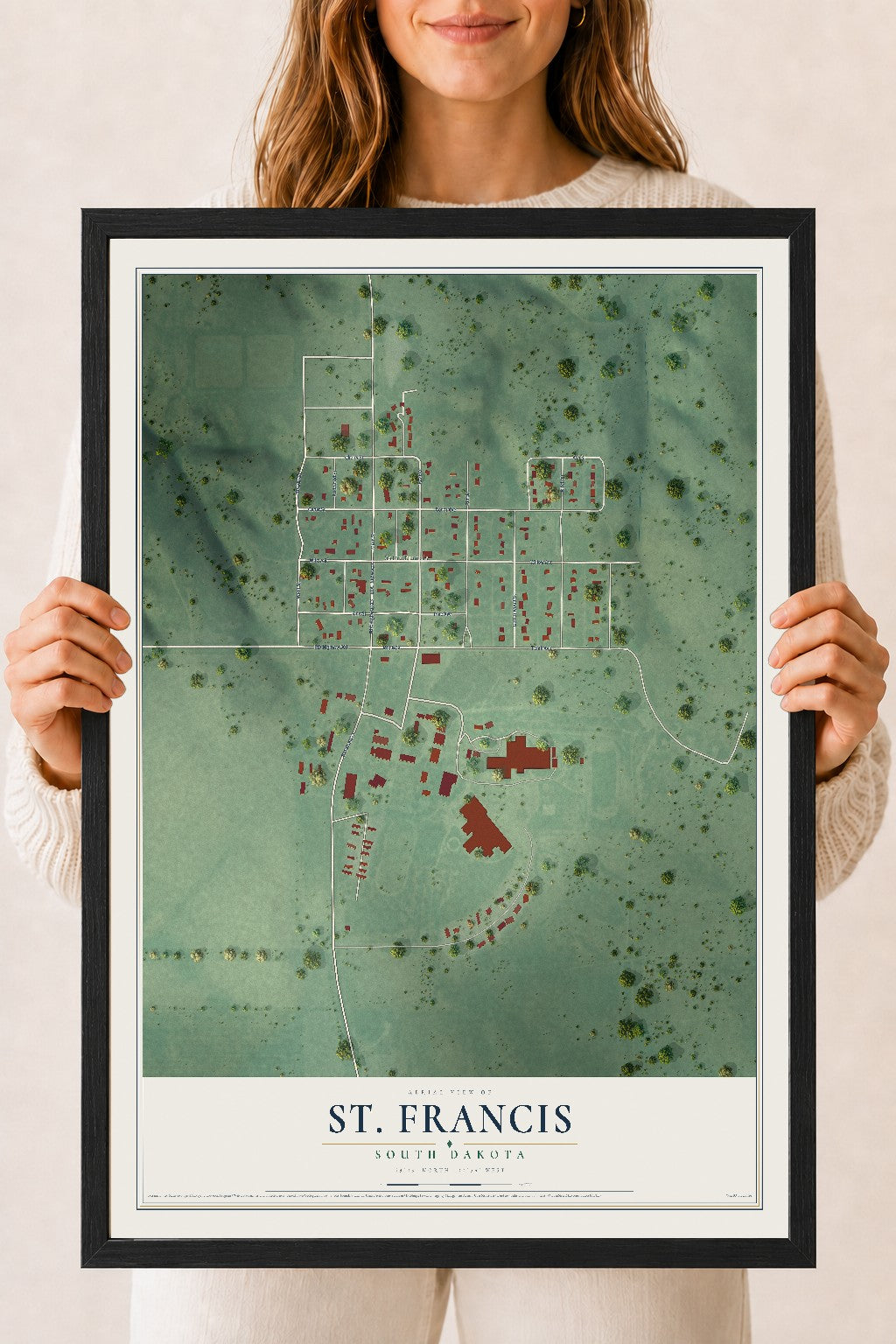 Map of St. Francis, South Dakota, 18 x 24 inch print in a black wood frame