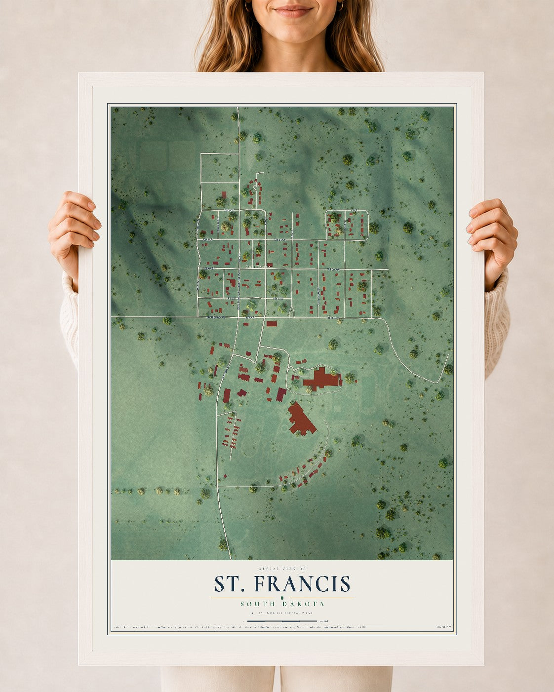 Map of St. Francis, South Dakota, 24 x 36 inch print in a white wood frame
