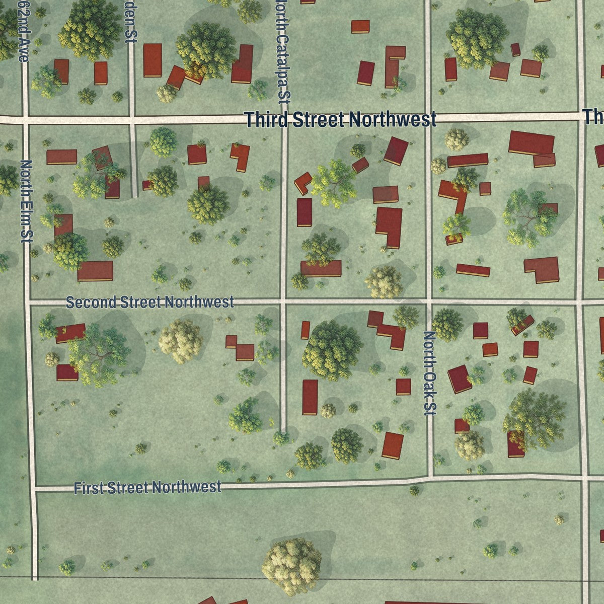 Close-up of the map of St. Lawrence, South Dakota print showing street and building detail
