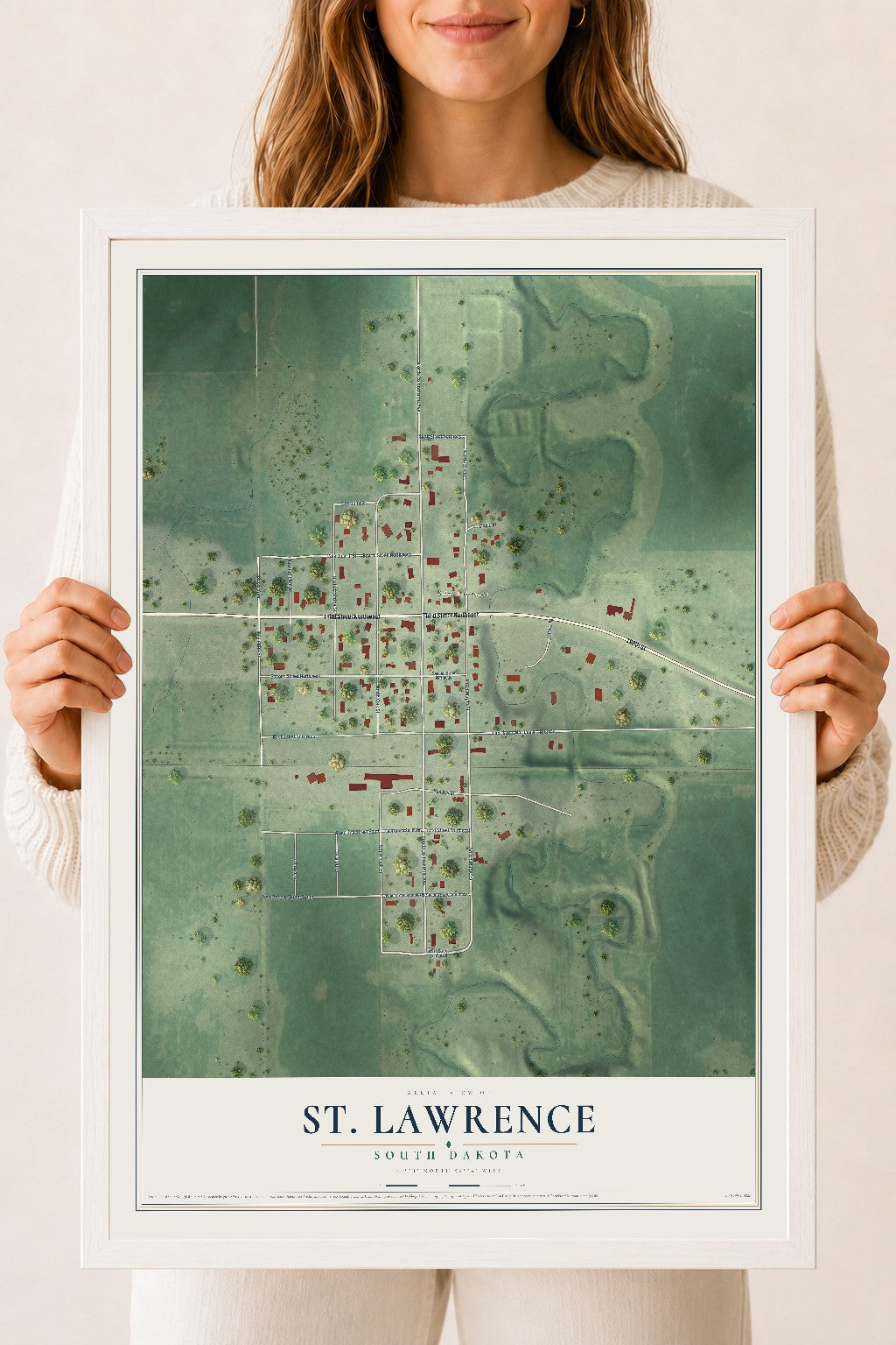 Map of St. Lawrence, South Dakota, 18 x 24 inch print in a white wood frame