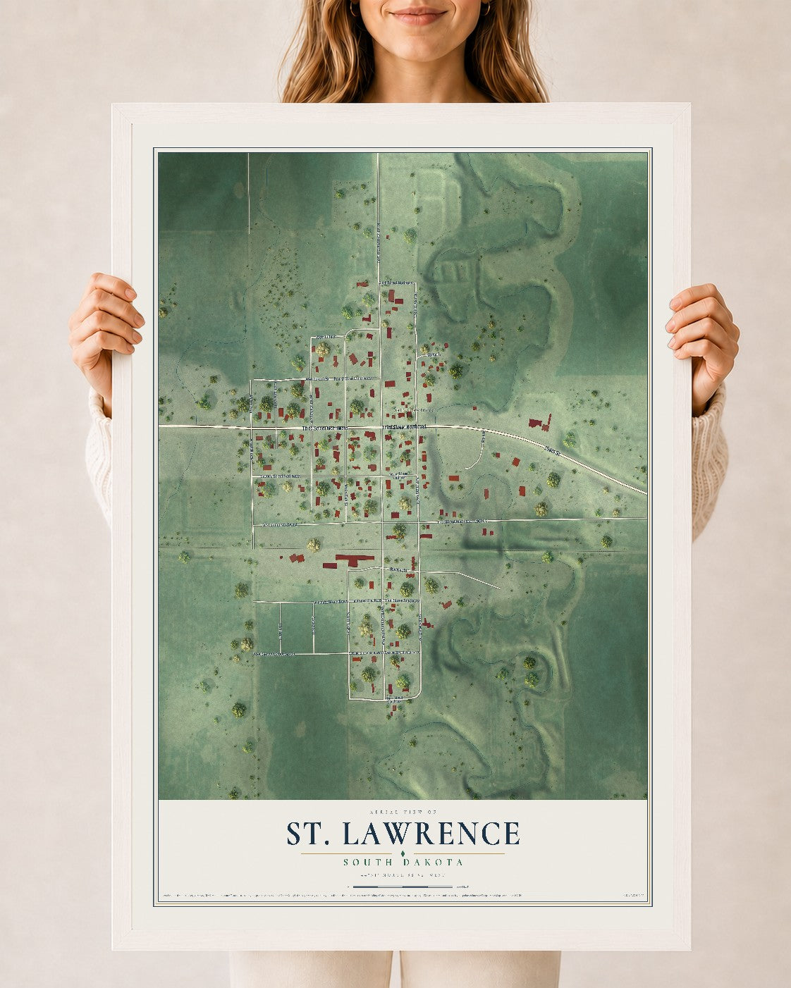 Map of St. Lawrence, South Dakota, 24 x 36 inch print in a white wood frame