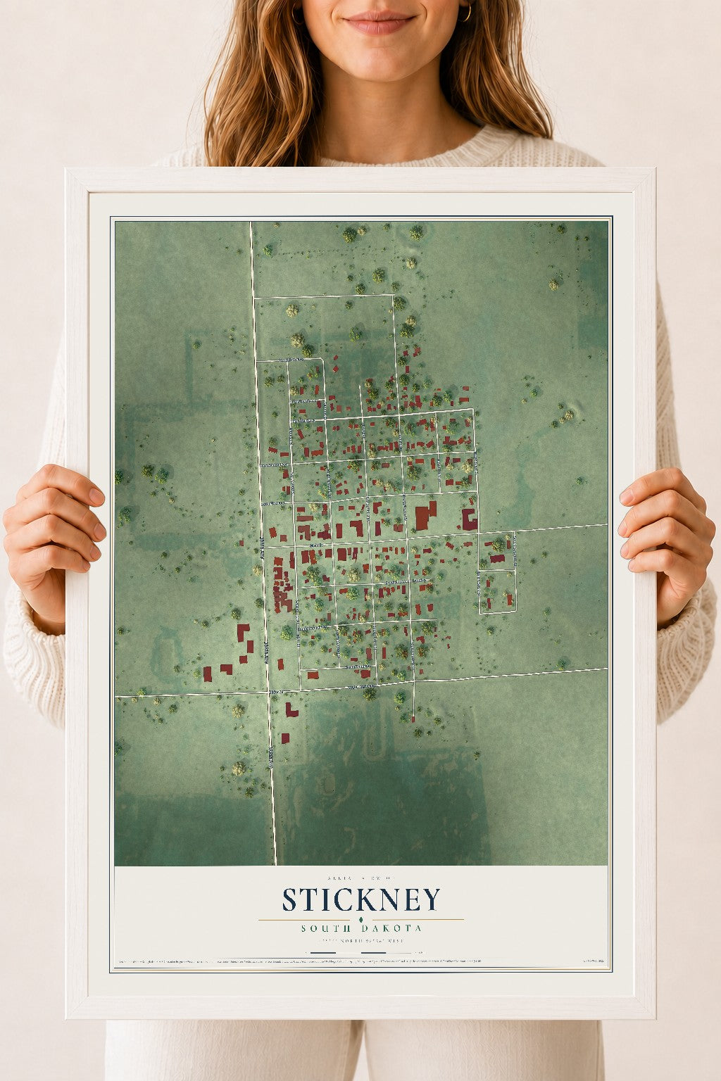 Map of Stickney, South Dakota, 18 x 24 inch print in a white wood frame
