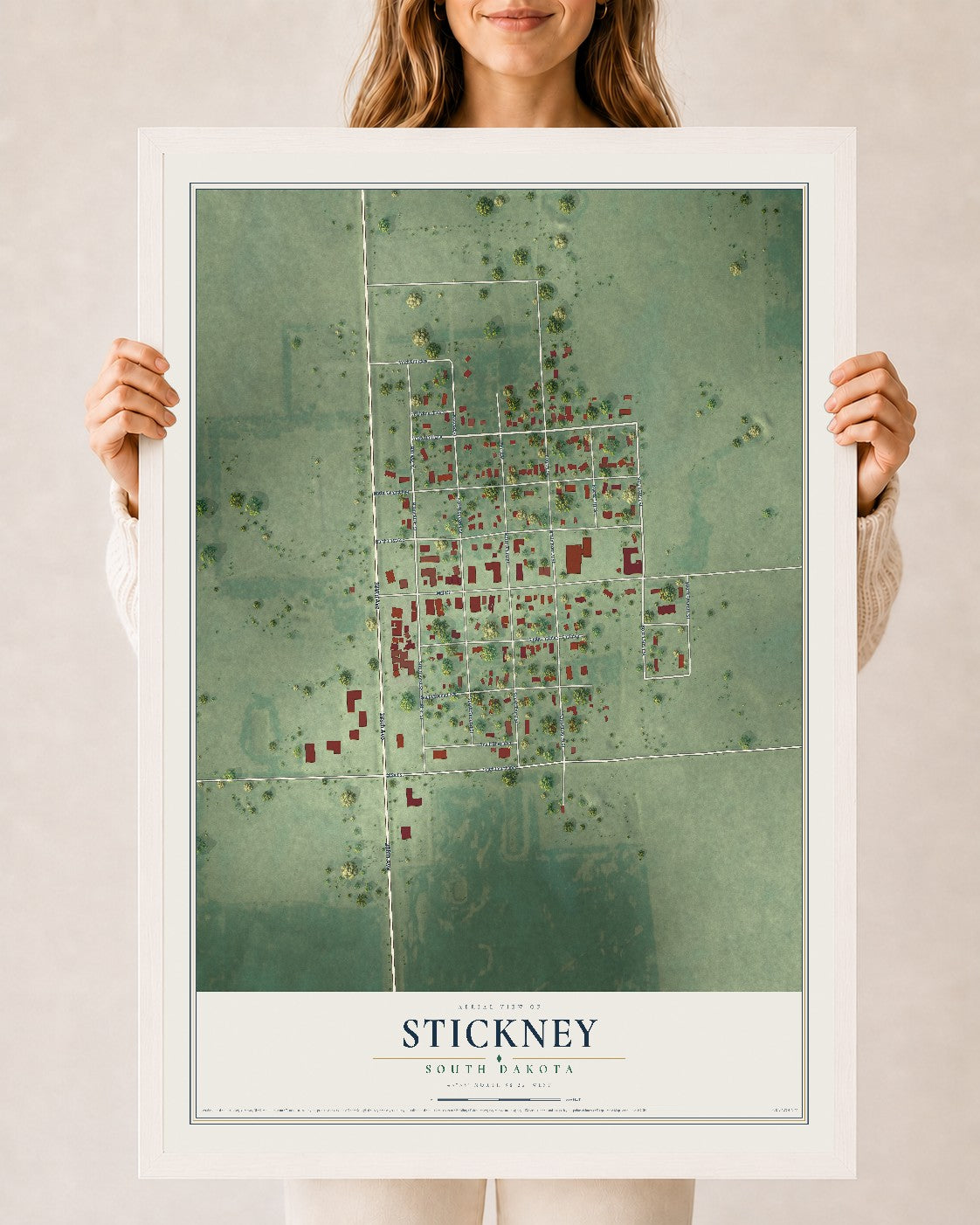 Map of Stickney, South Dakota, 24 x 36 inch print in a white wood frame