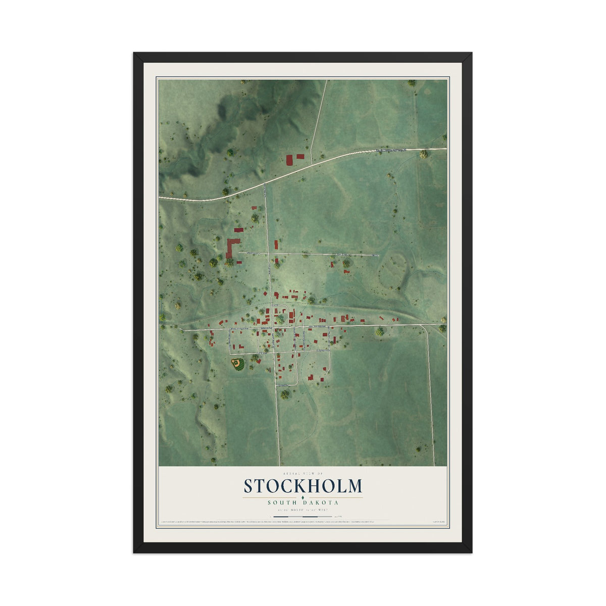 Map of Stockholm, South Dakota, 12 x 18 inch print in a black wood frame