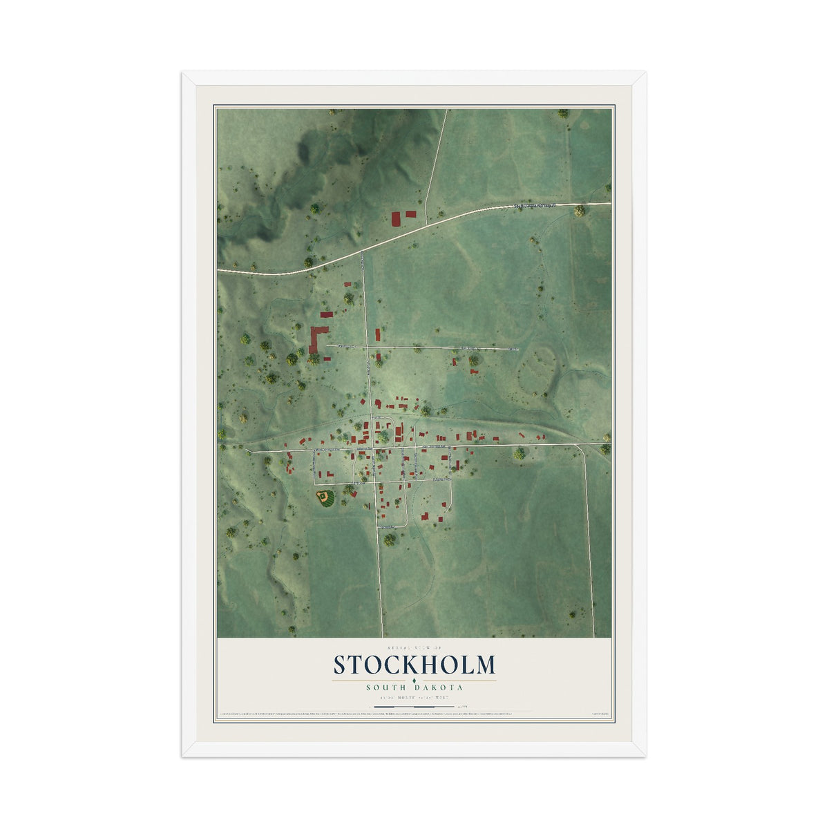Map of Stockholm, South Dakota, 12 x 18 inch print in a white wood frame
