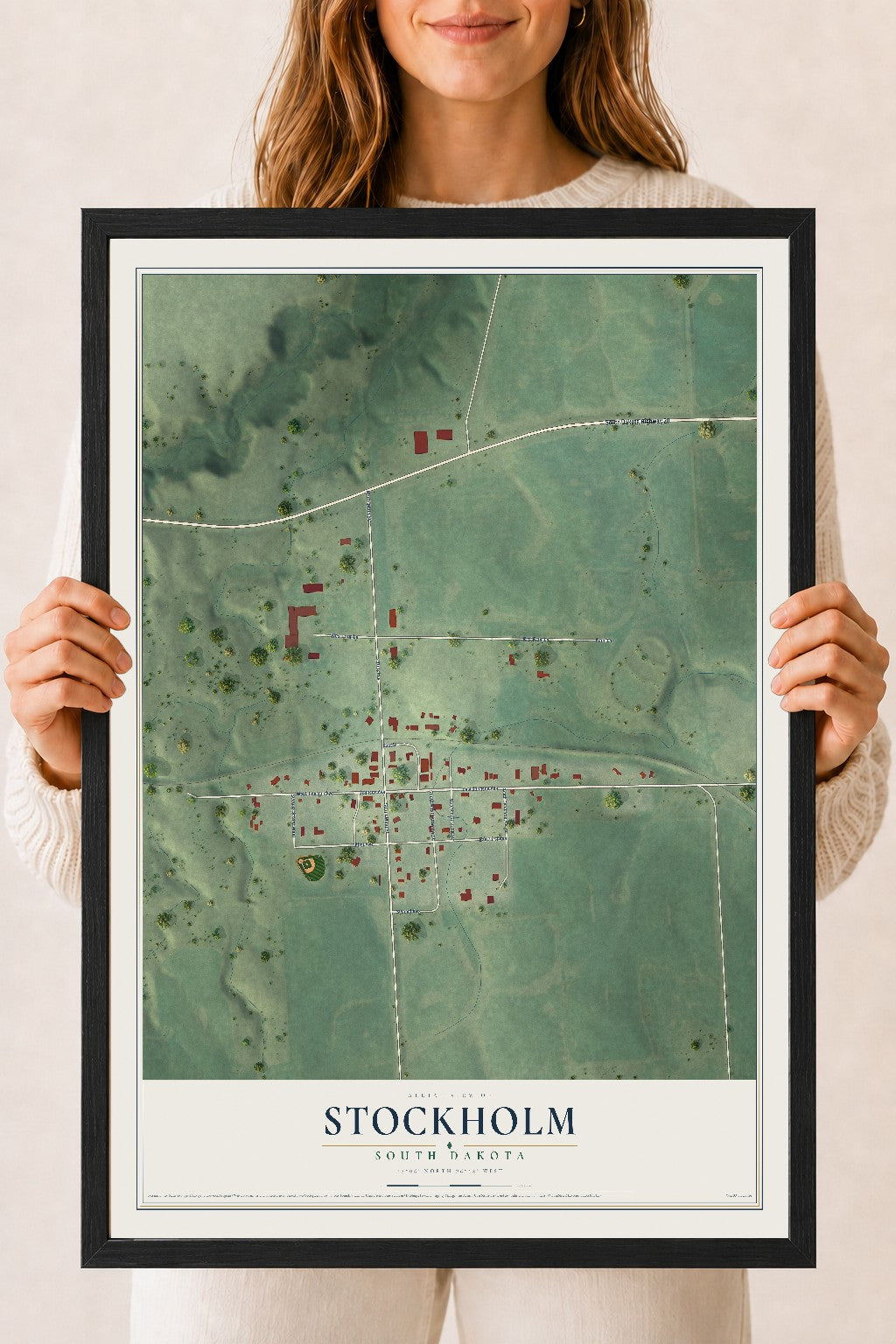 Map of Stockholm, South Dakota, 18 x 24 inch print in a black wood frame