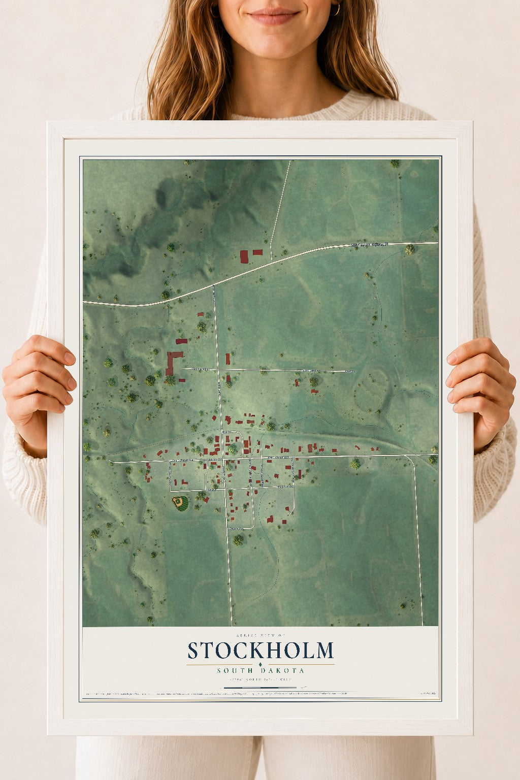 Map of Stockholm, South Dakota, 18 x 24 inch print in a white wood frame