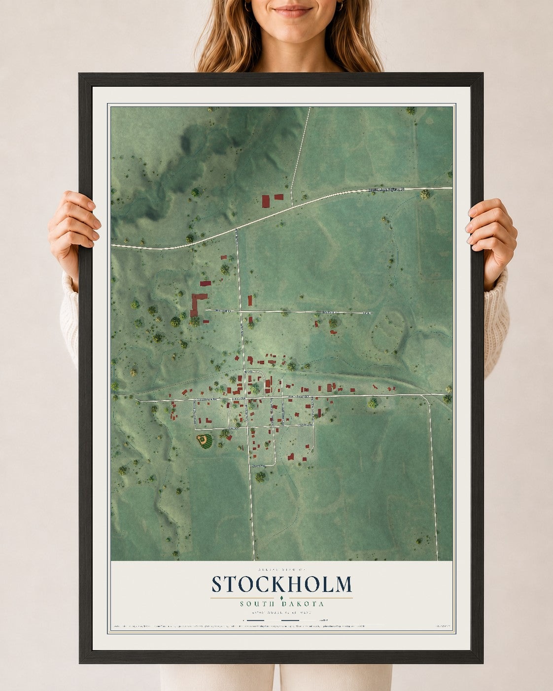 Map of Stockholm, South Dakota, 24 x 36 inch print in a black wood frame