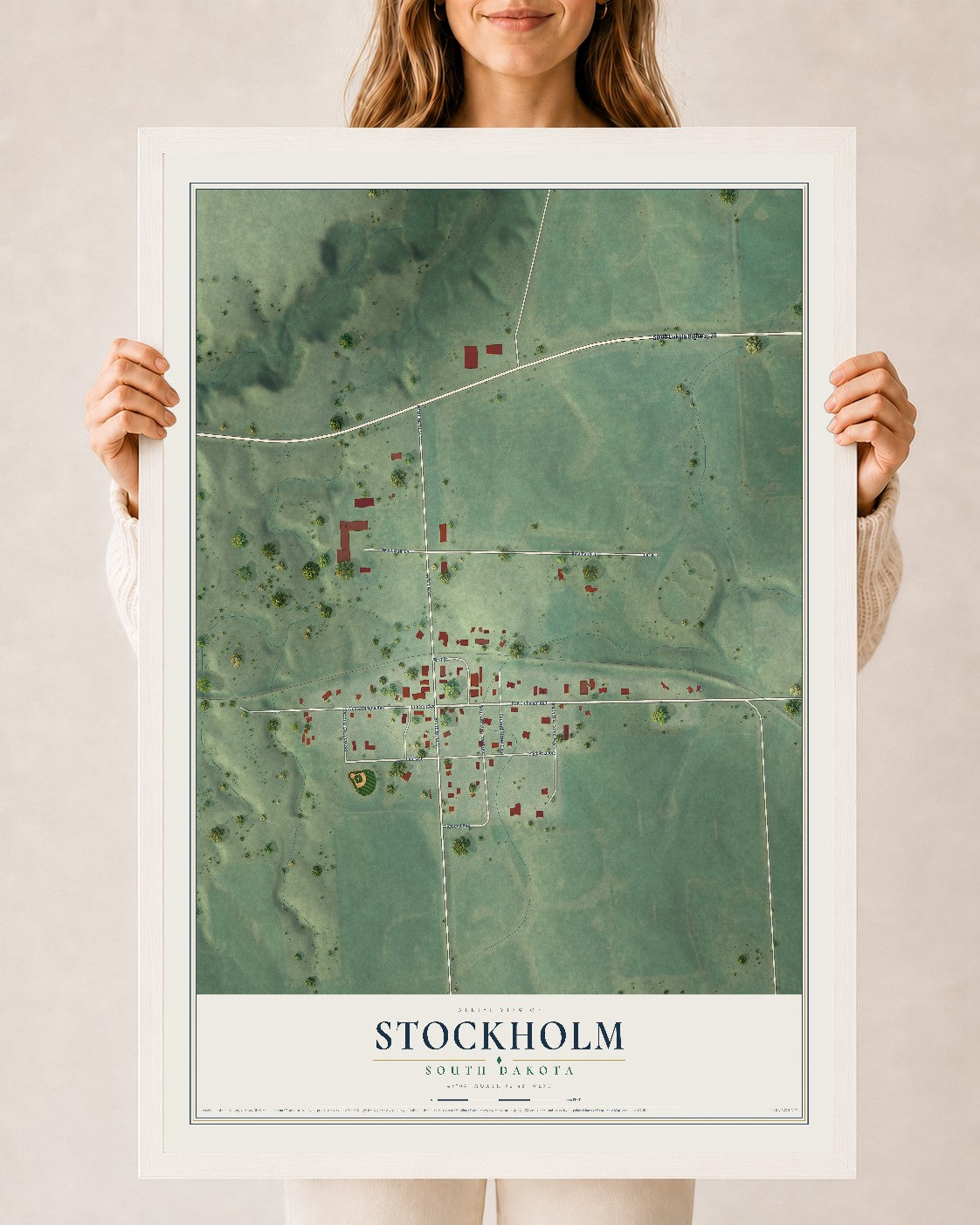 Map of Stockholm, South Dakota, 24 x 36 inch print in a white wood frame