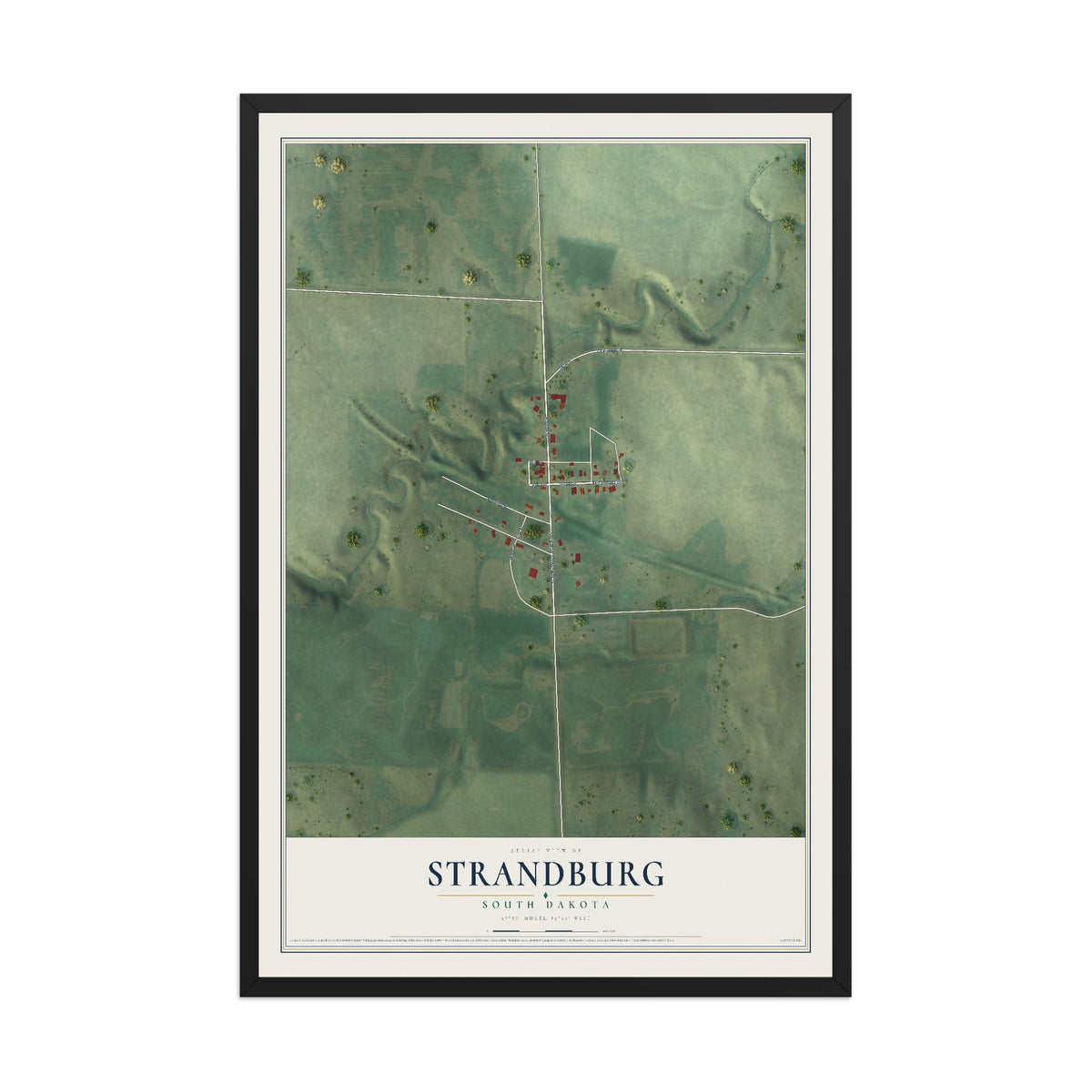 Map of Strandburg, South Dakota, 12 x 18 inch print in a black wood frame