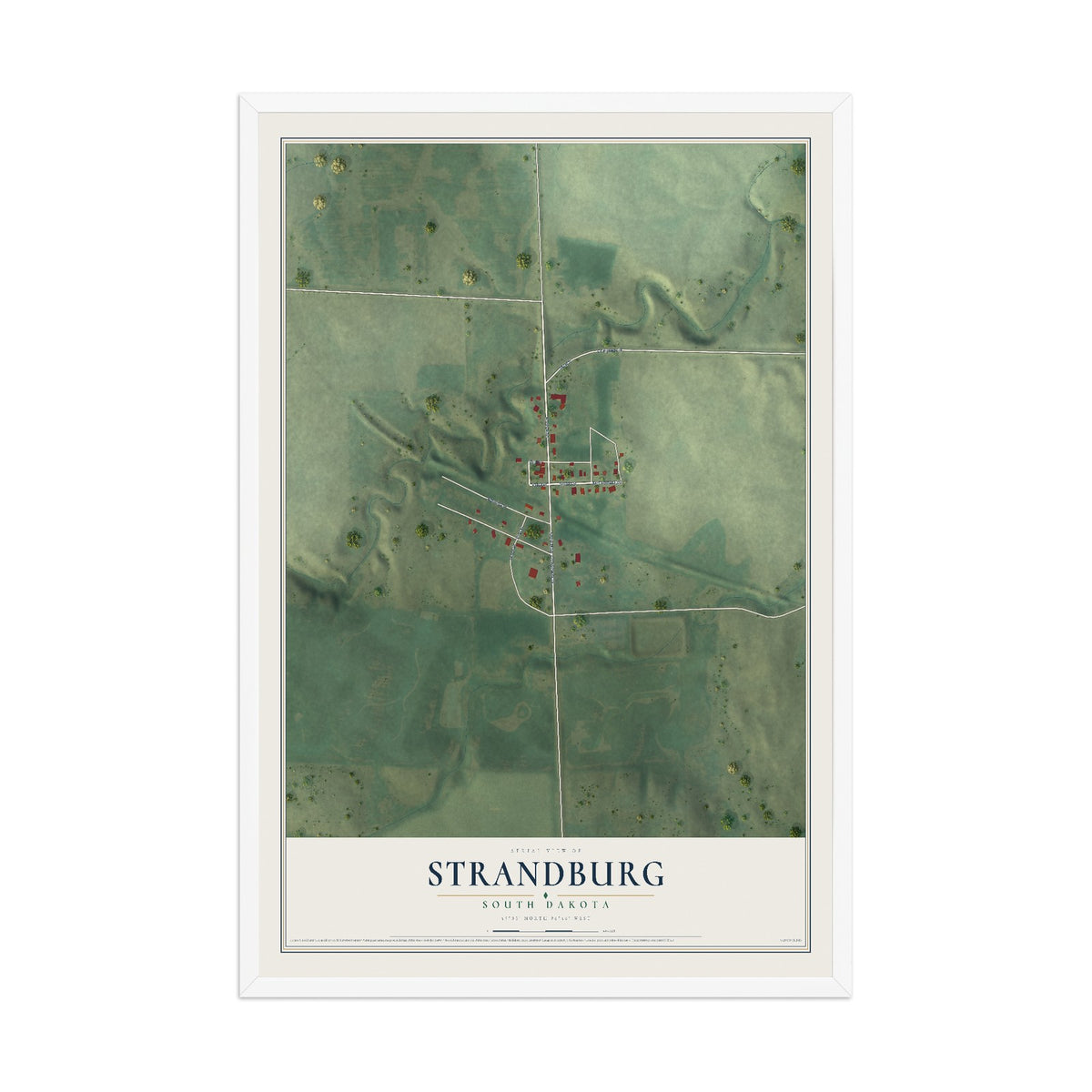 Map of Strandburg, South Dakota, 12 x 18 inch print in a white wood frame