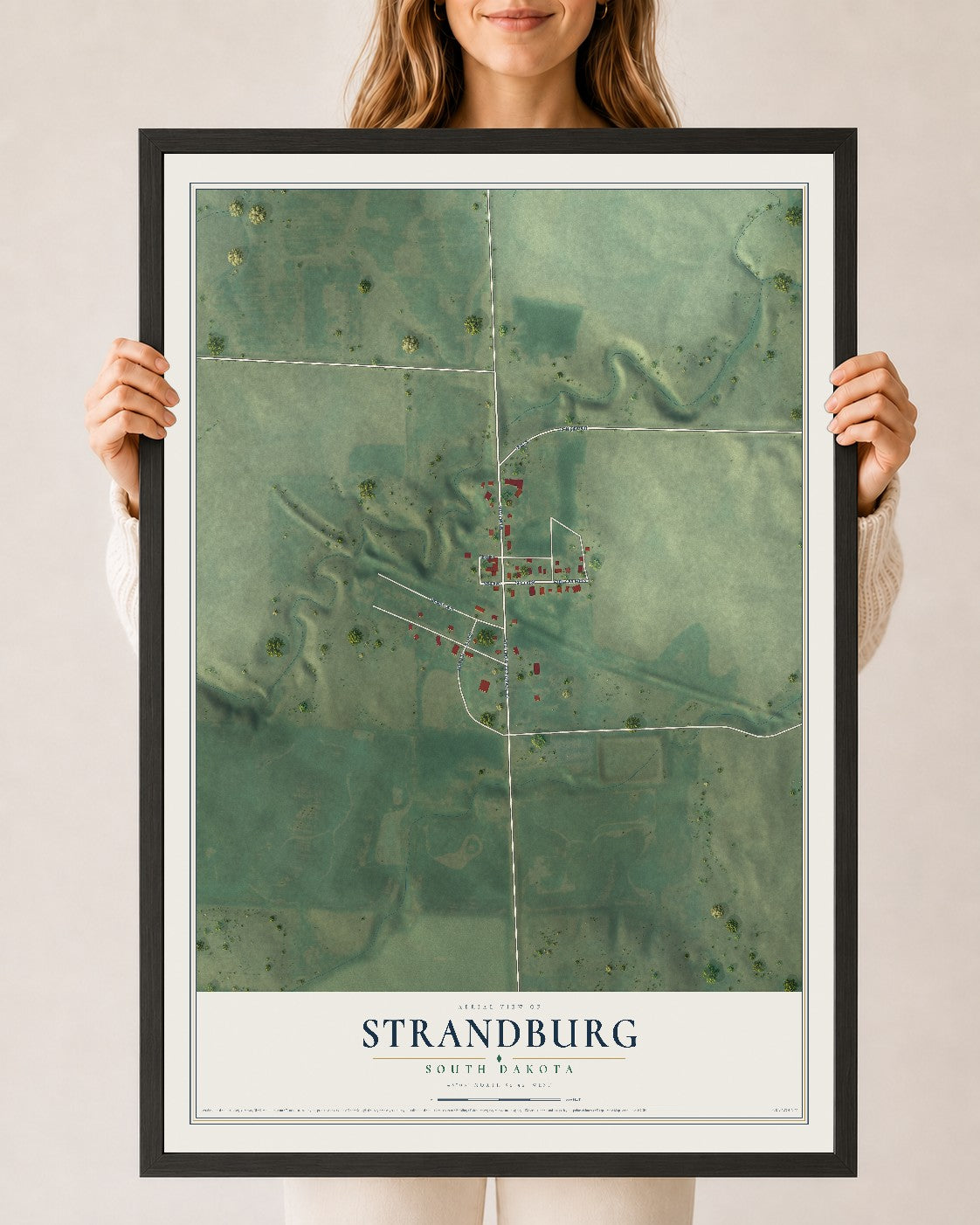 Map of Strandburg, South Dakota, 24 x 36 inch print in a black wood frame