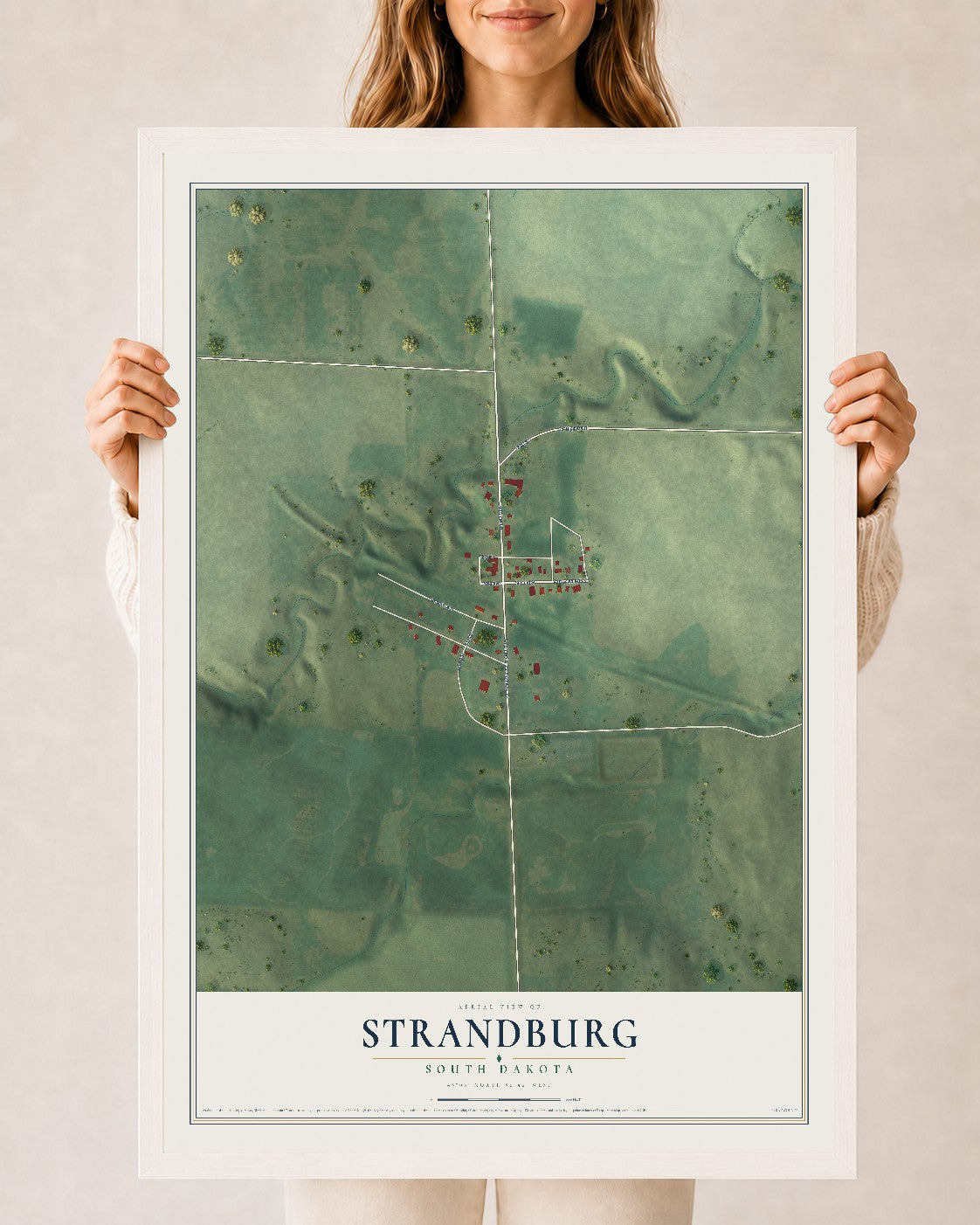 Map of Strandburg, South Dakota, 24 x 36 inch print in a white wood frame