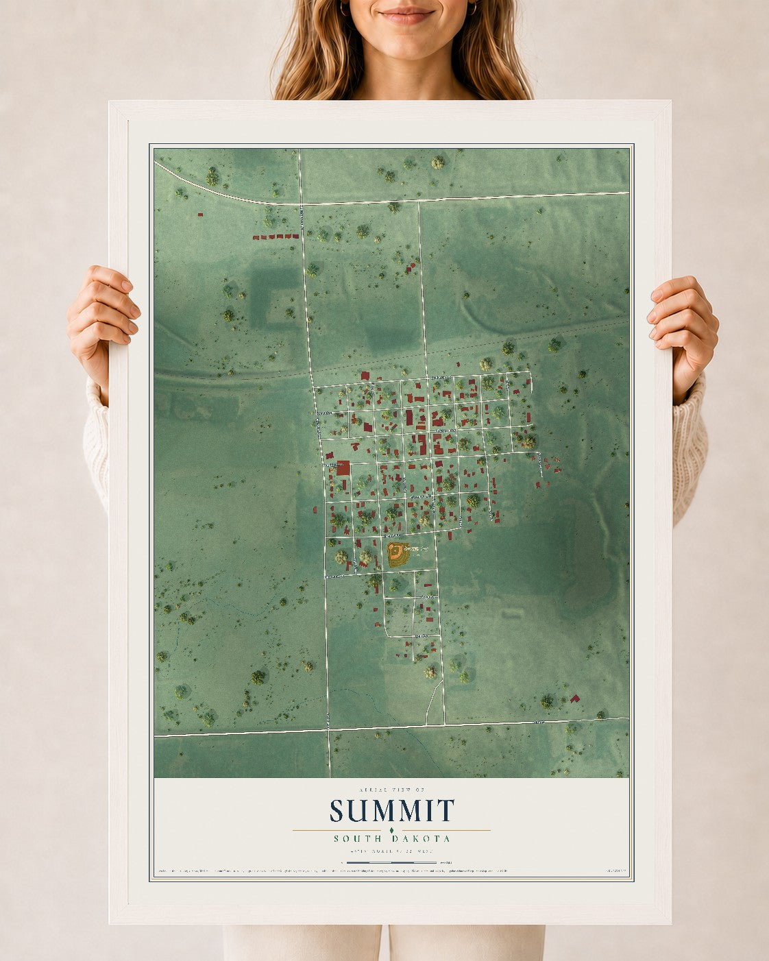 Map of Summit, South Dakota, 24 x 36 inch print in a white wood frame