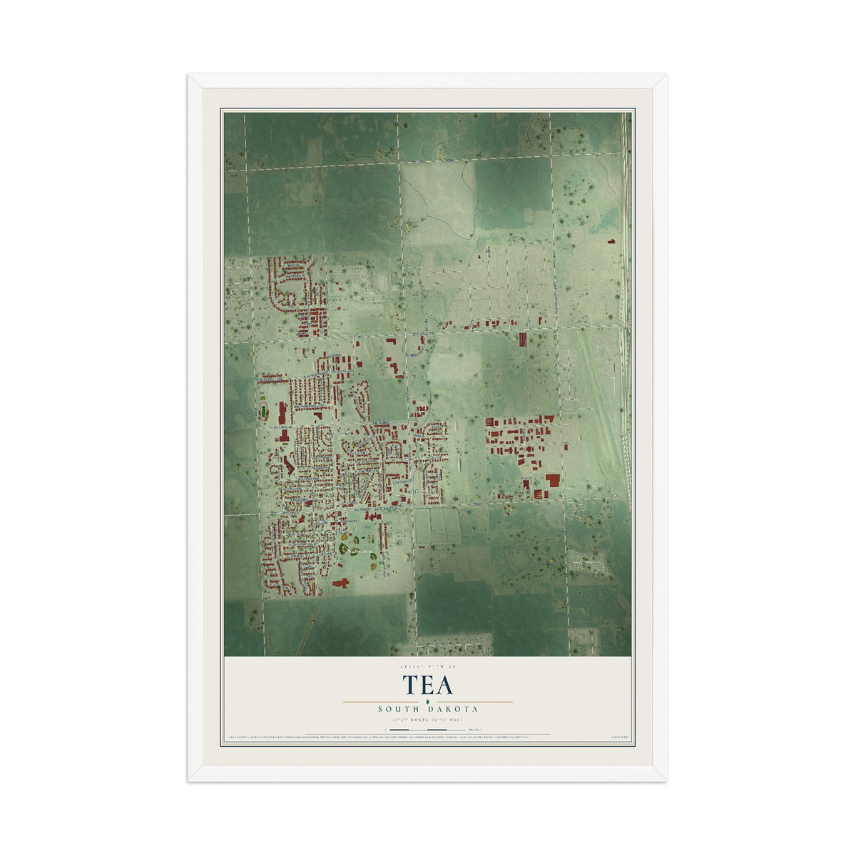 Map of Tea, South Dakota, 12 x 18 inch print in a white wood frame