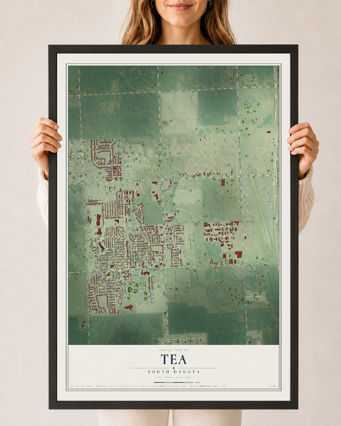 Map of Tea, South Dakota, 24 x 36 inch print in a black wood frame