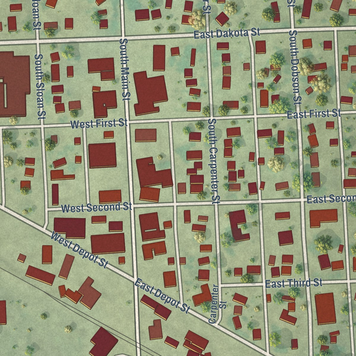 Close-up of the map of Tripp, South Dakota print showing street and building detail