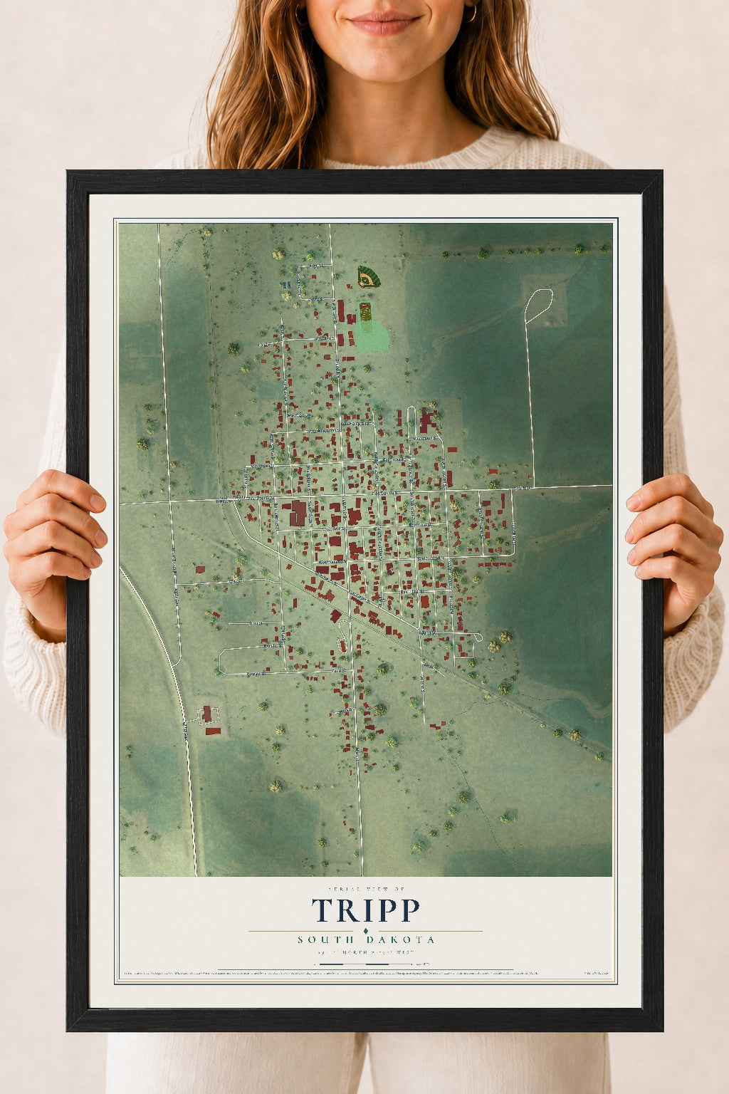 Map of Tripp, South Dakota, 18 x 24 inch print in a black wood frame