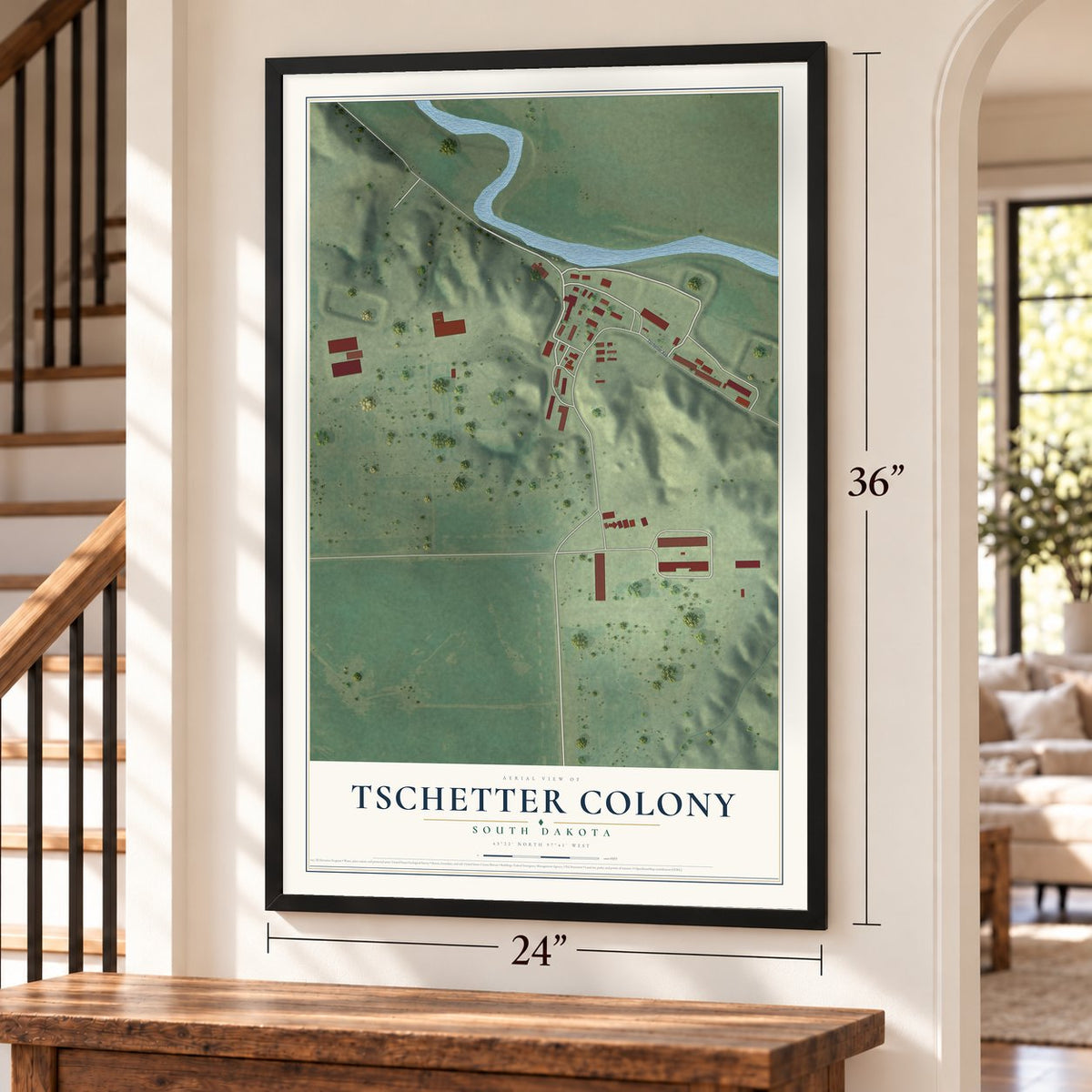Tschetter Colony, South Dakota map, 24 x 36 inch print in a black frame by a staircase