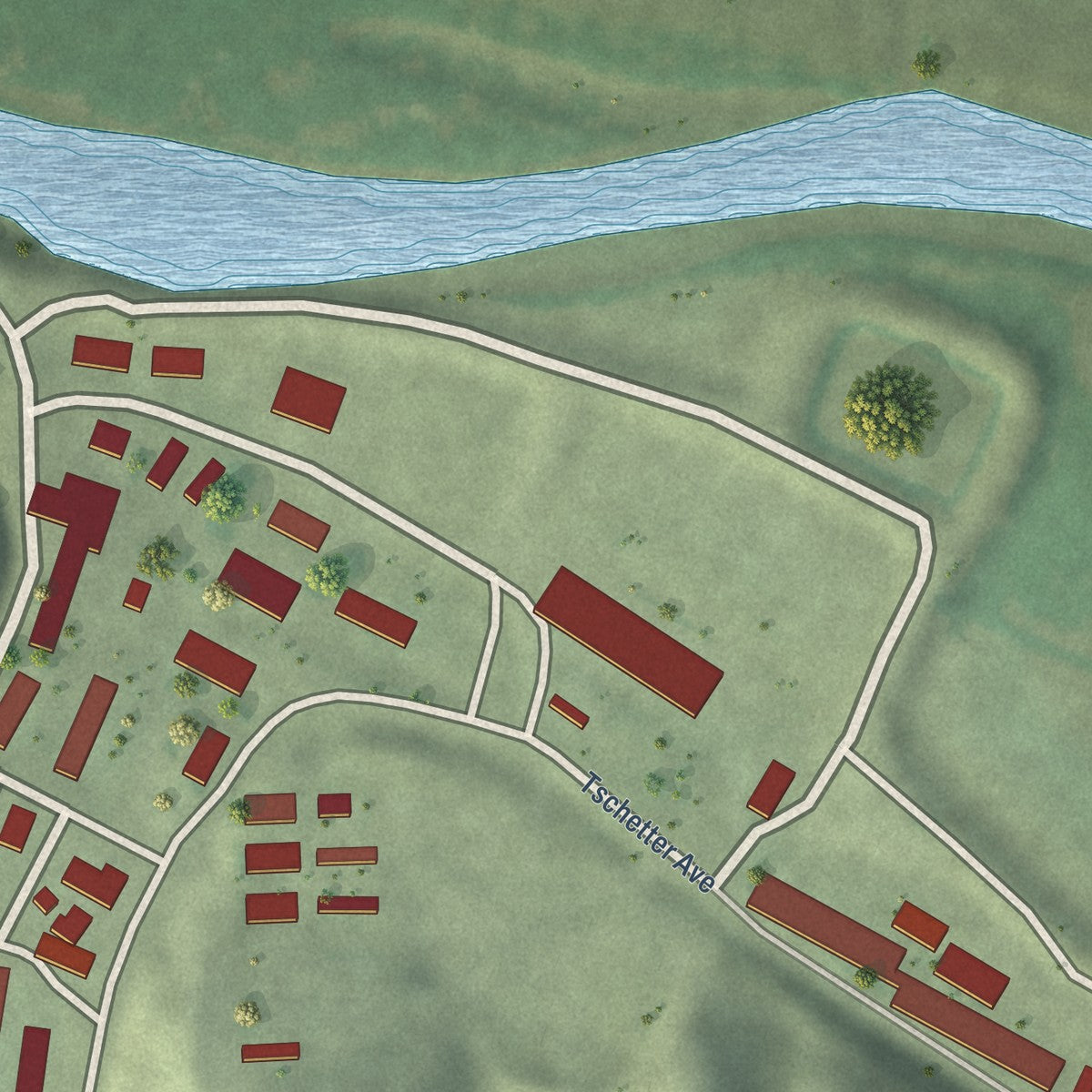 Close-up of the map of Tschetter Colony, South Dakota print showing street and building detail