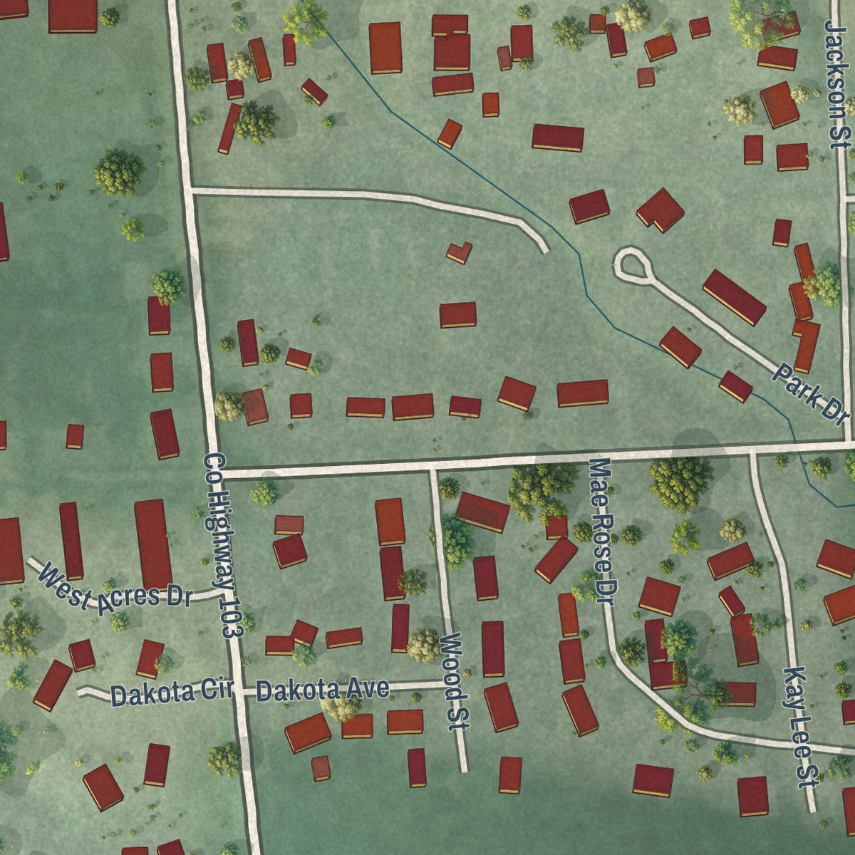 Second close-up of the map of Valley Springs, South Dakota print showing more streets and buildings