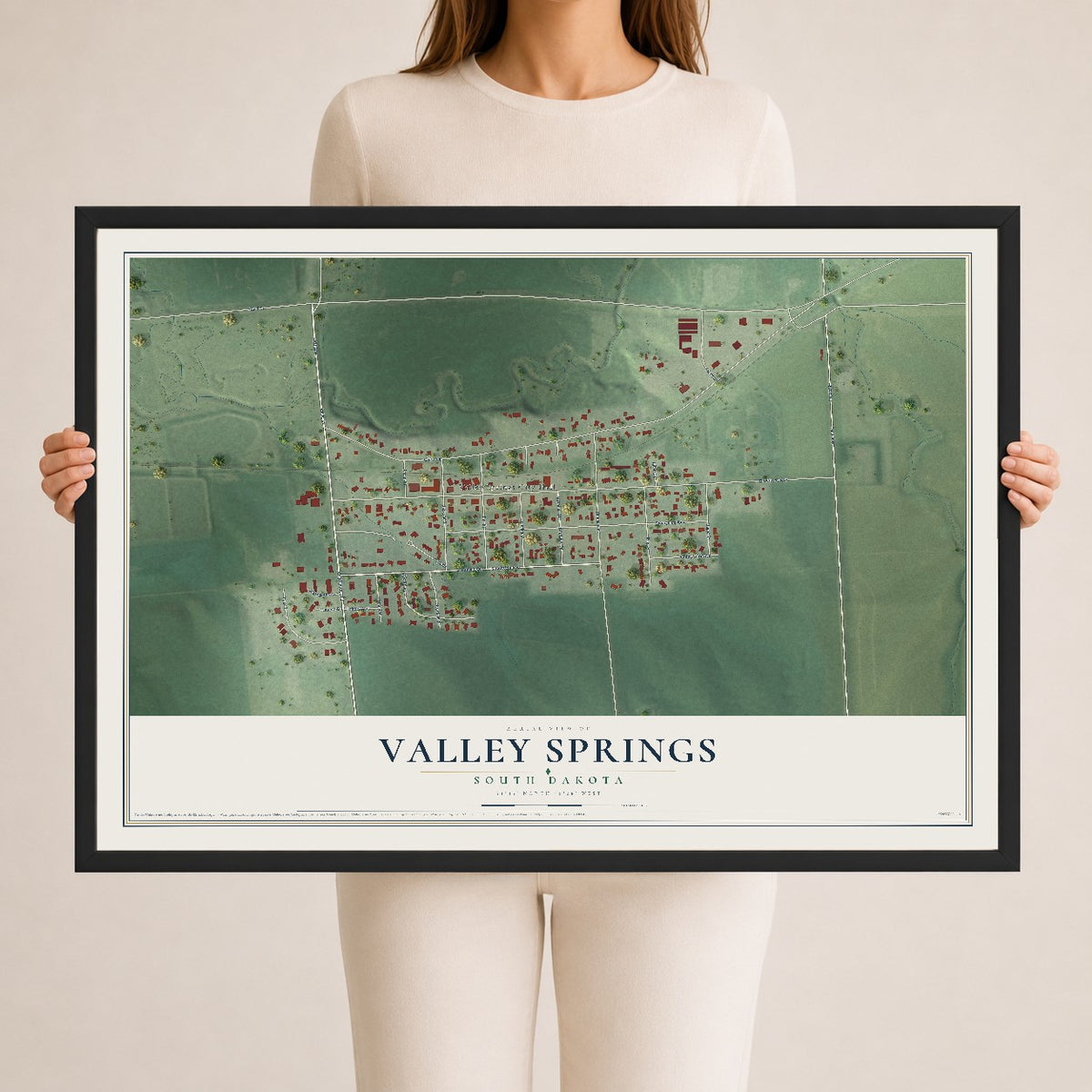 Map of Valley Springs, South Dakota, 24 x 36 inch print in a black wood frame