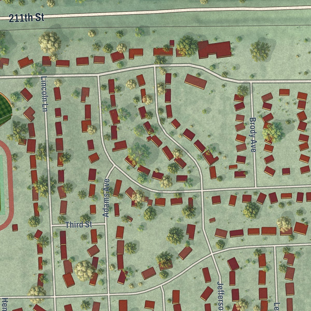 Second close-up of the map of Volga, South Dakota print showing more streets and buildings