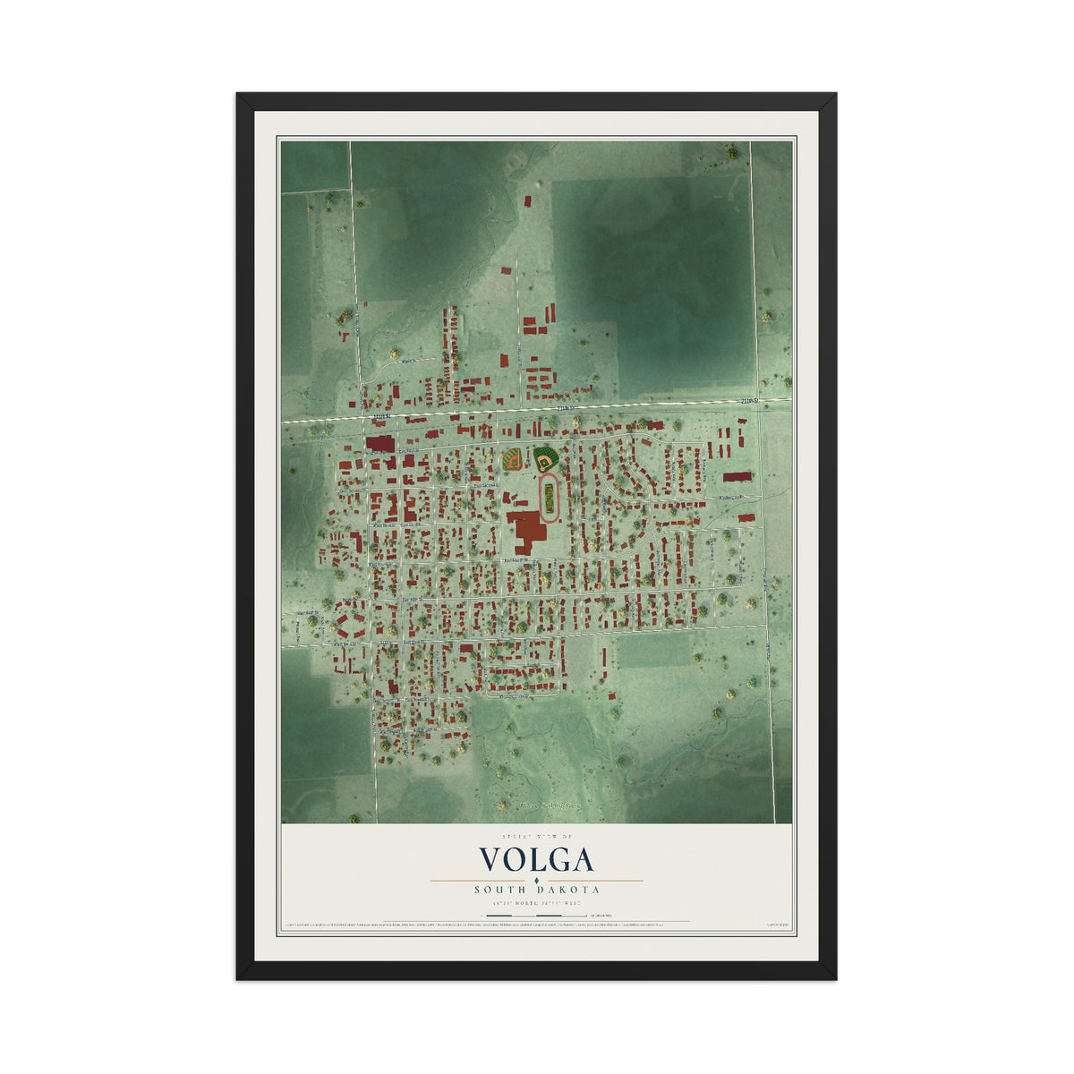 Map of Volga, South Dakota, 12 x 18 inch print in a black wood frame