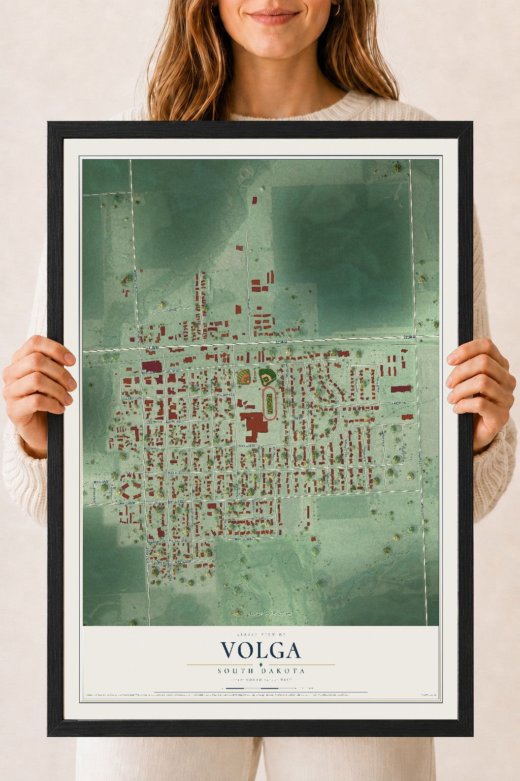 Map of Volga, South Dakota, 18 x 24 inch print in a black wood frame