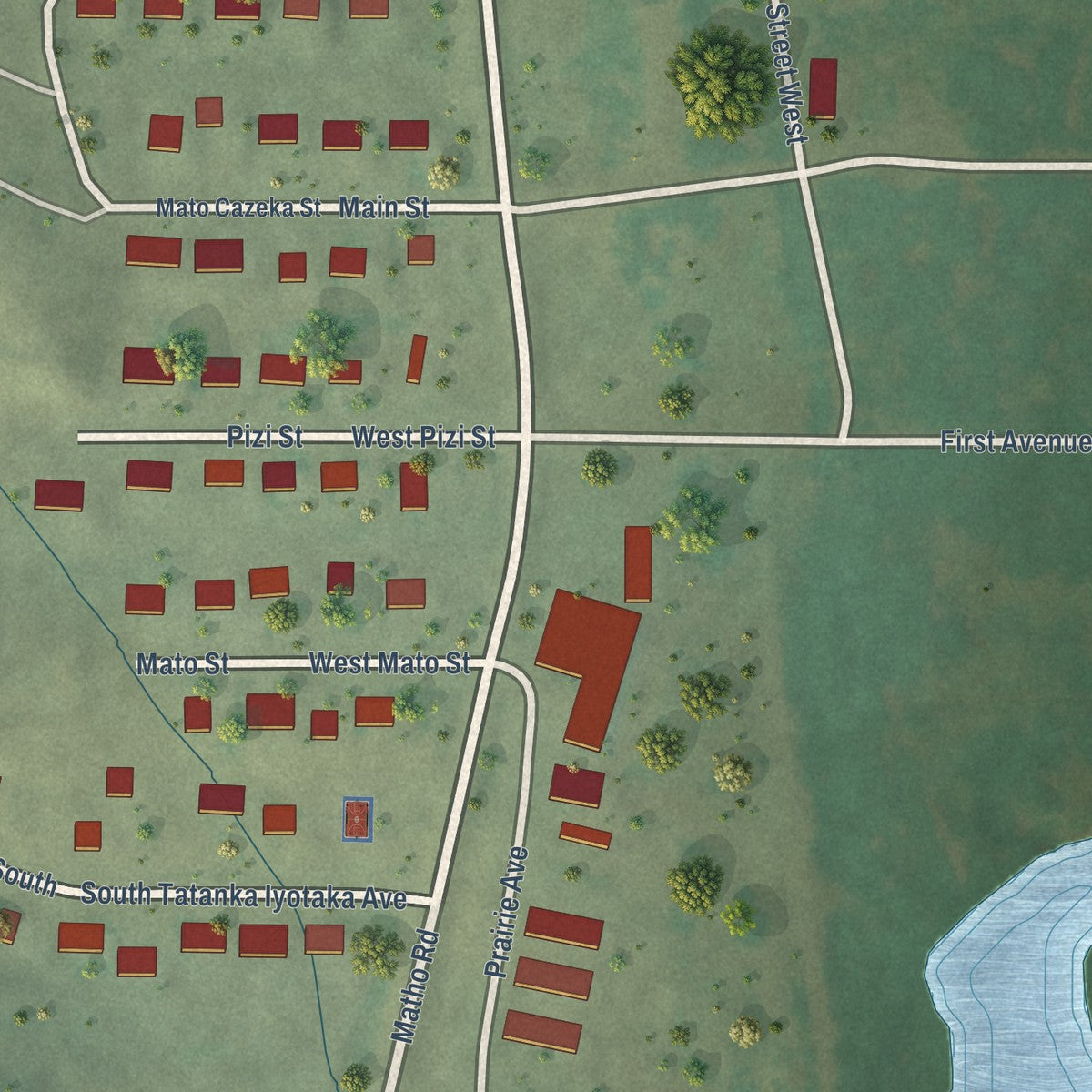 Close-up of the map of Wakpala, South Dakota print showing street and building detail