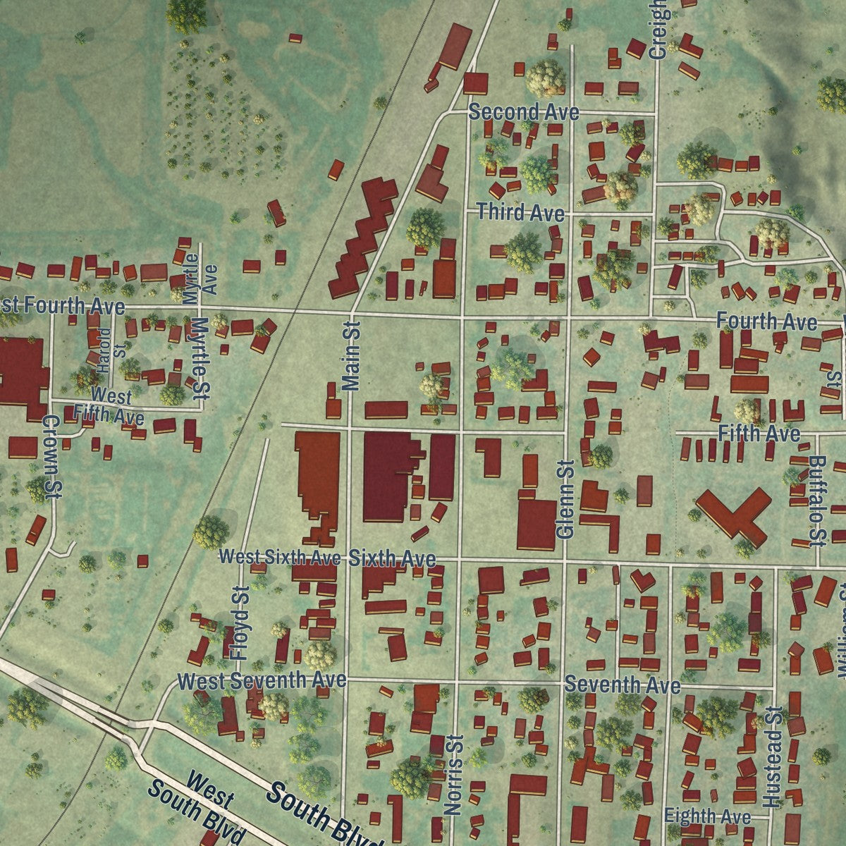 Close-up of the map of Wall, South Dakota print showing street and building detail